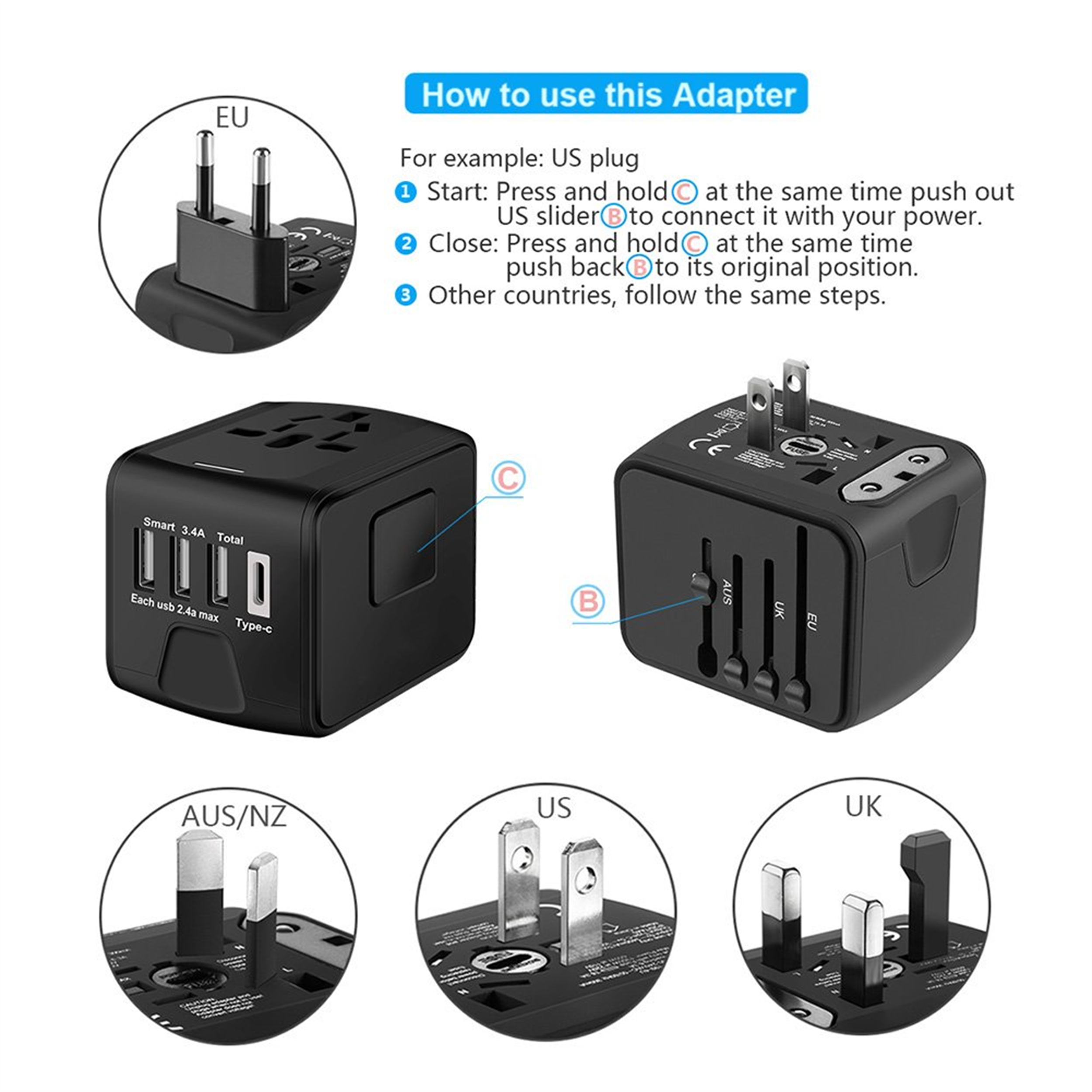 Schwarzer Reiseadapter mit Anweisungen zur Verwendung des Adapters mit verschiedenen Steckertypen.