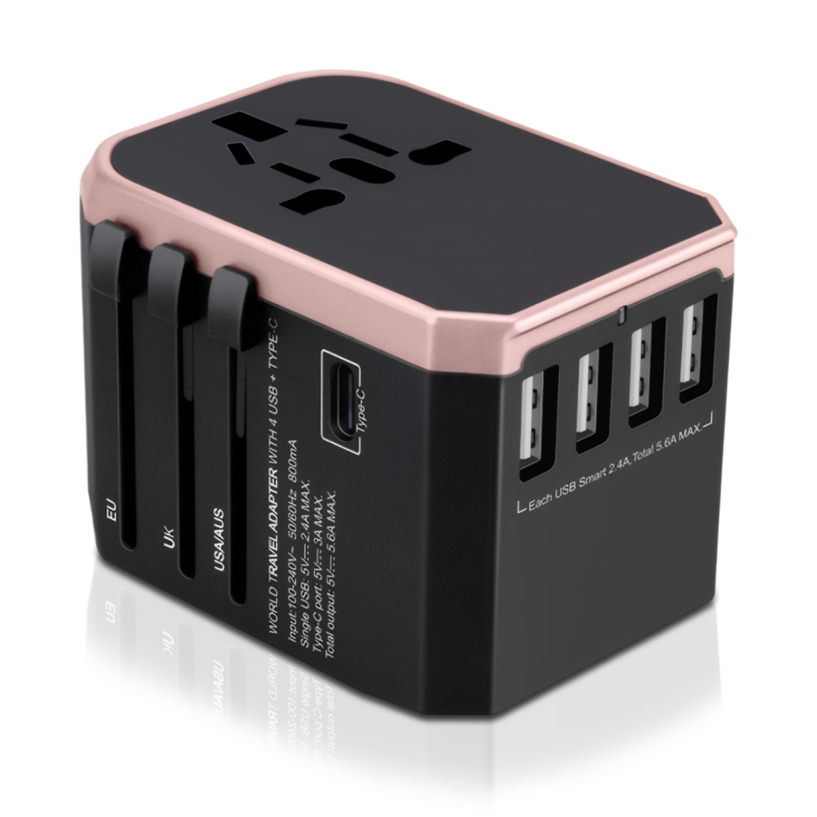 Ein schwarzer Universal-Reiseadapter mit USB-Anschlüssen auf einem weißen Hintergrund.