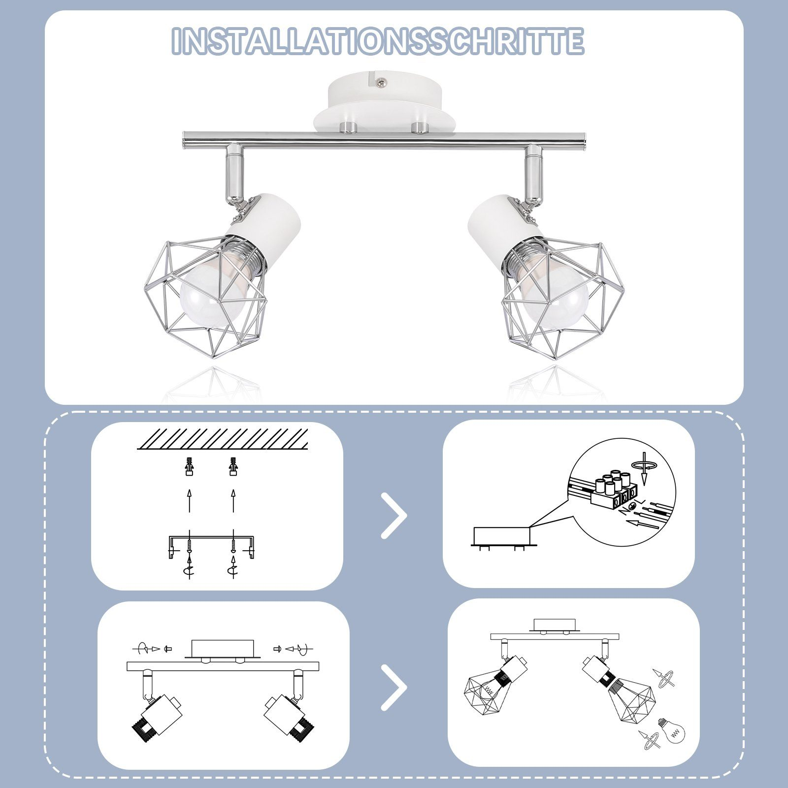 Diagramma che mostra le fasi di installazione di una plafoniera a due lampadine con paralumi geometrici.