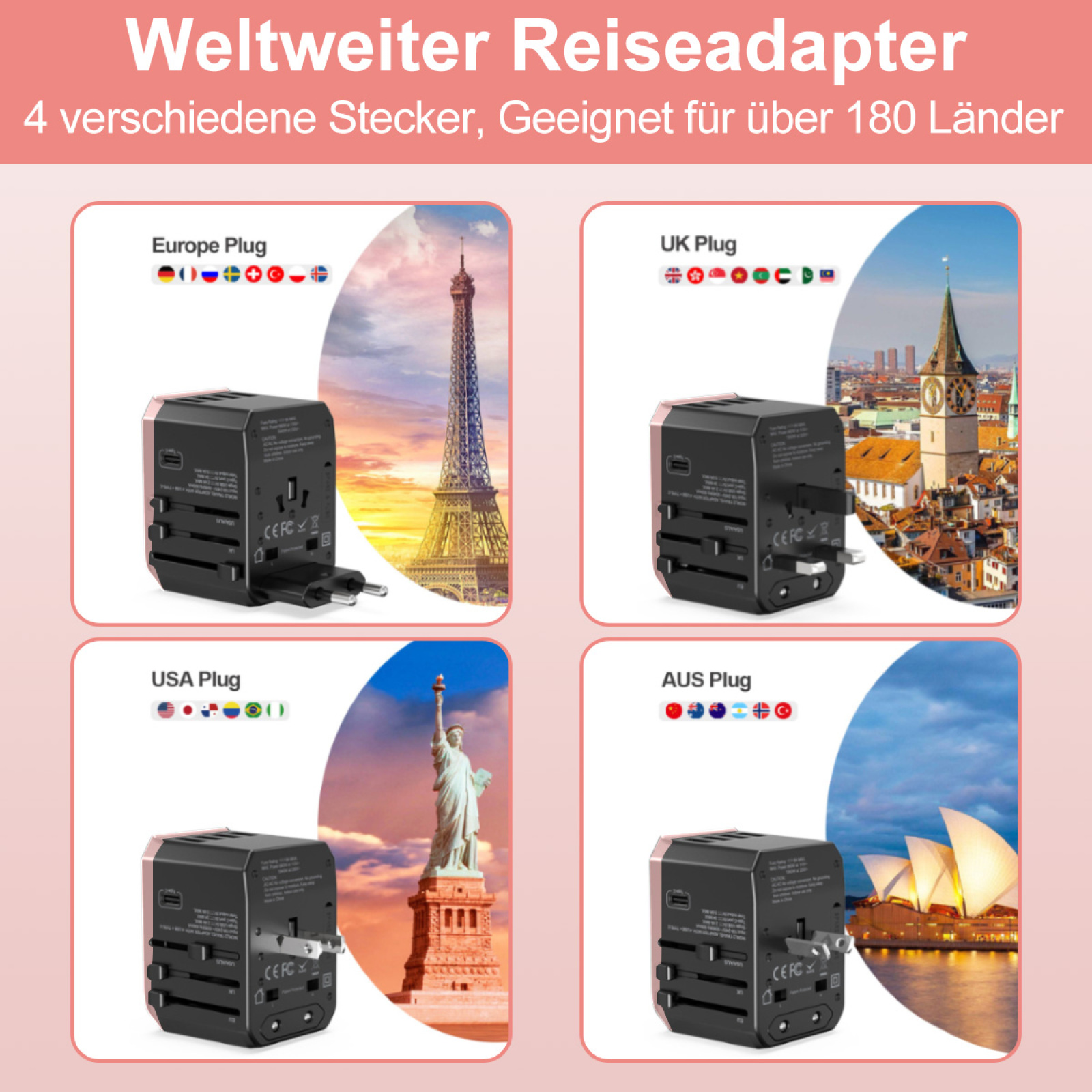 Collage von Reiseadaptern vor dem Hintergrund von Wahrzeichen wie dem Eiffelturm und der Freiheitsstatue.
