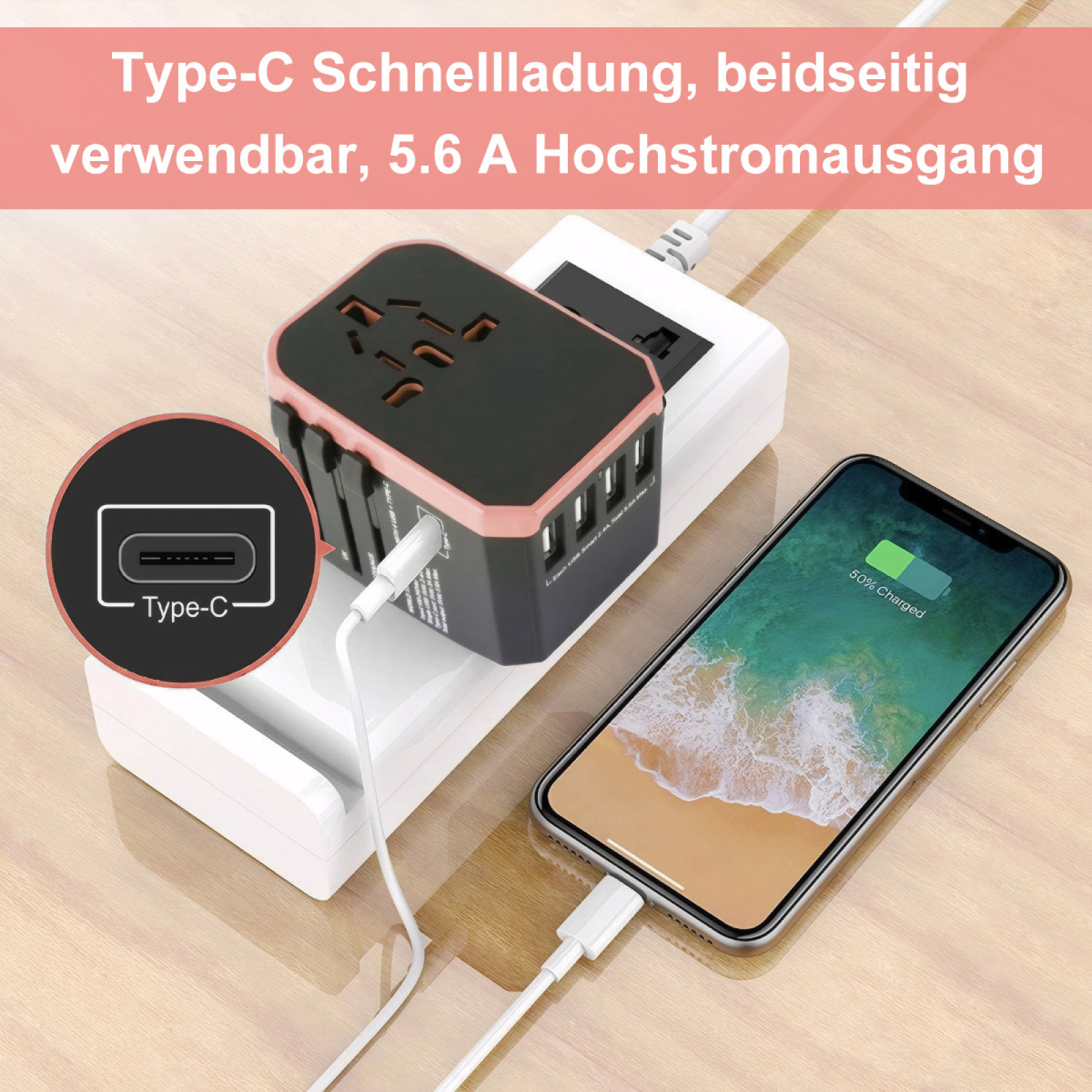 Reiseadapter, der ein Telefon auf einem Schreibtisch mit einer weißen Ladestation auflädt.