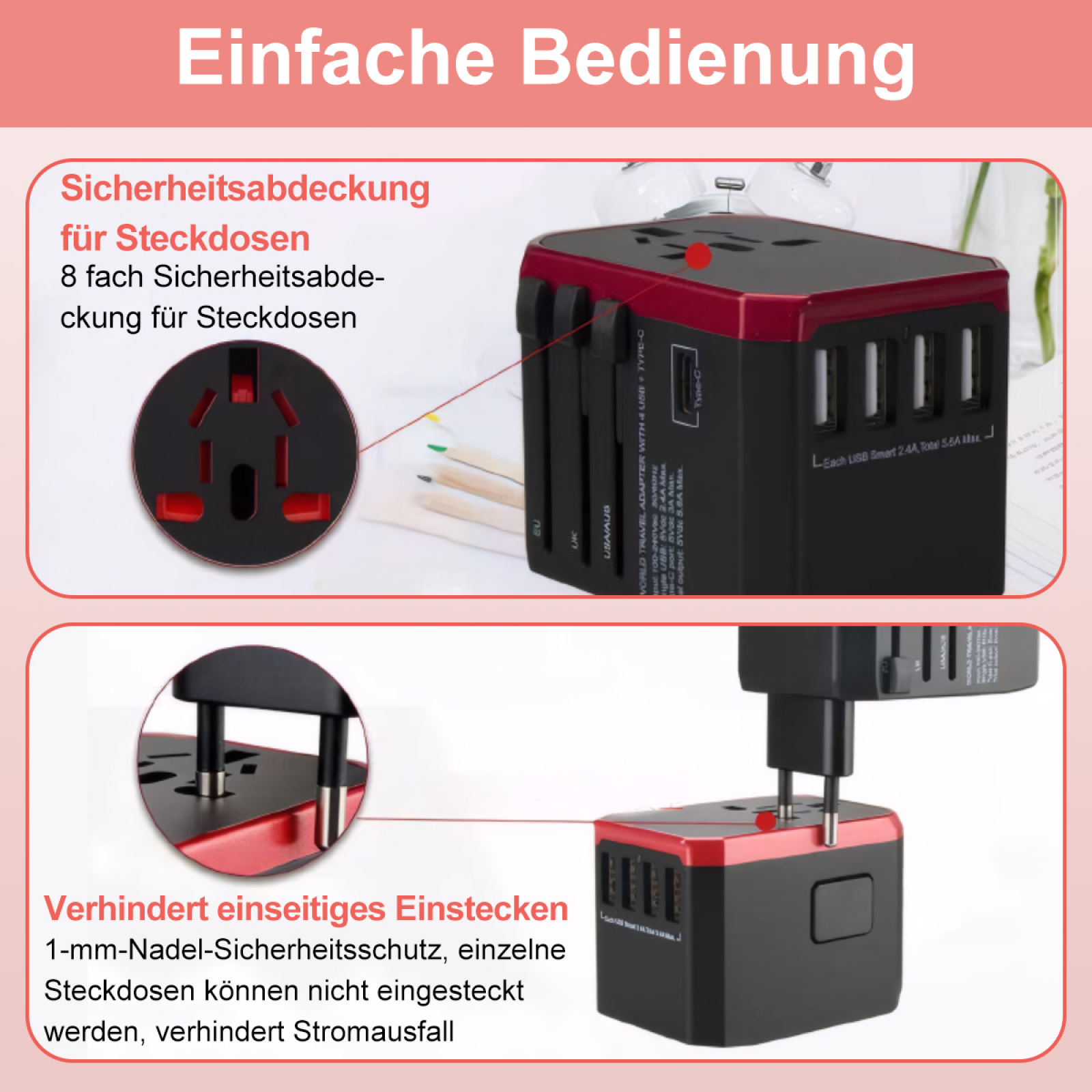 Sicherheitsmerkmale eines Universal-Reiseadapters, die Buchsenabdeckungen und einseitiges Einstecken hervorheben.