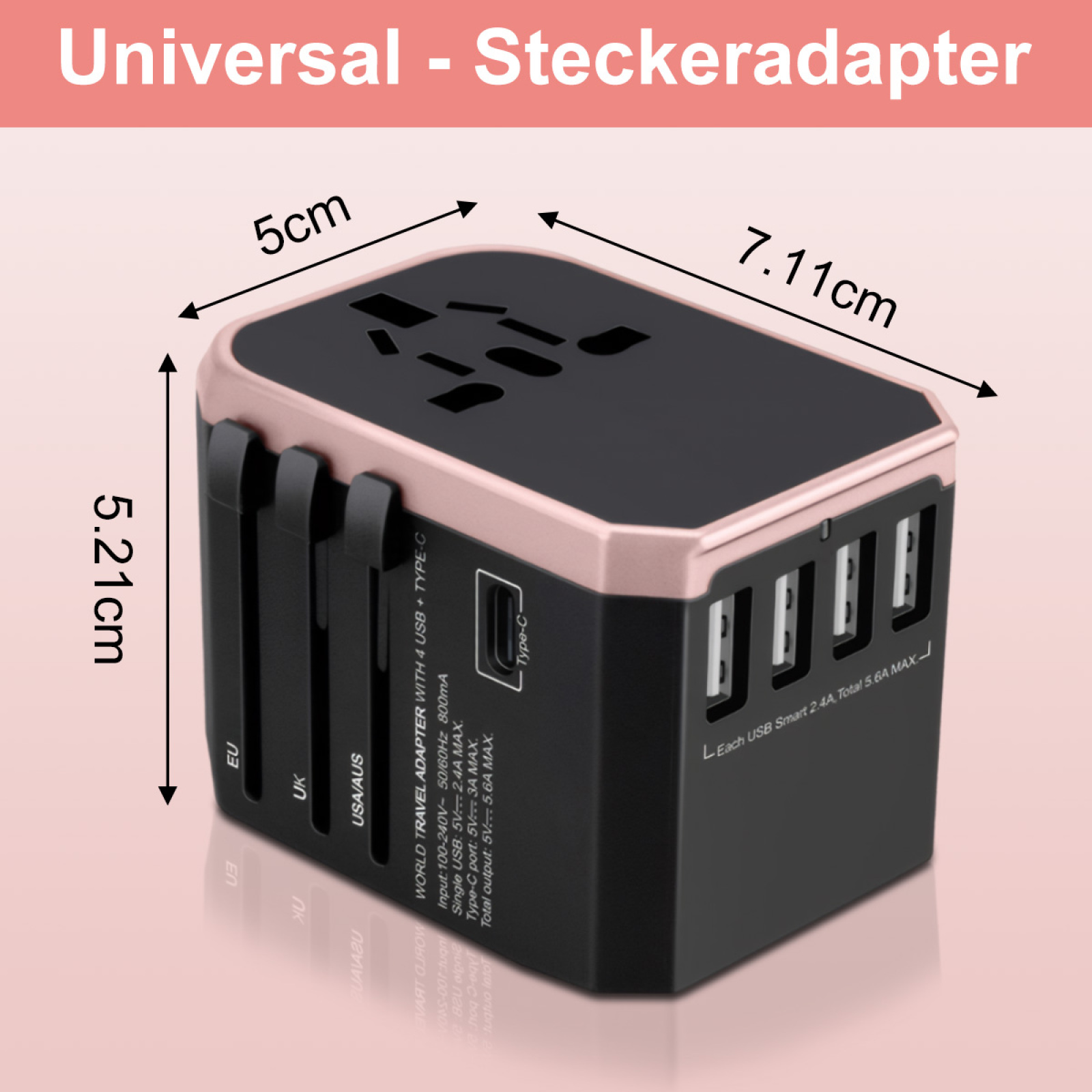 Maßdiagramm eines schwarzen Universal-Reiseadapters mit roségoldenen Akzenten.