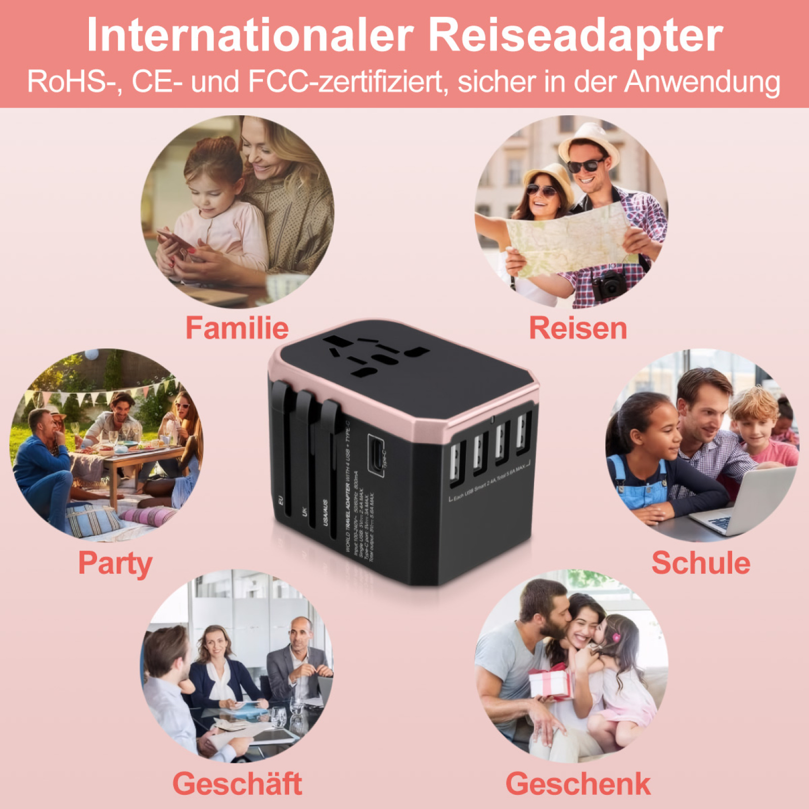 Collage, die einen Reiseadapter zeigt, der in verschiedenen Szenarien wie Familie, Reisen, Partys, Schule, Geschäft und Geschenke verwendet wird.