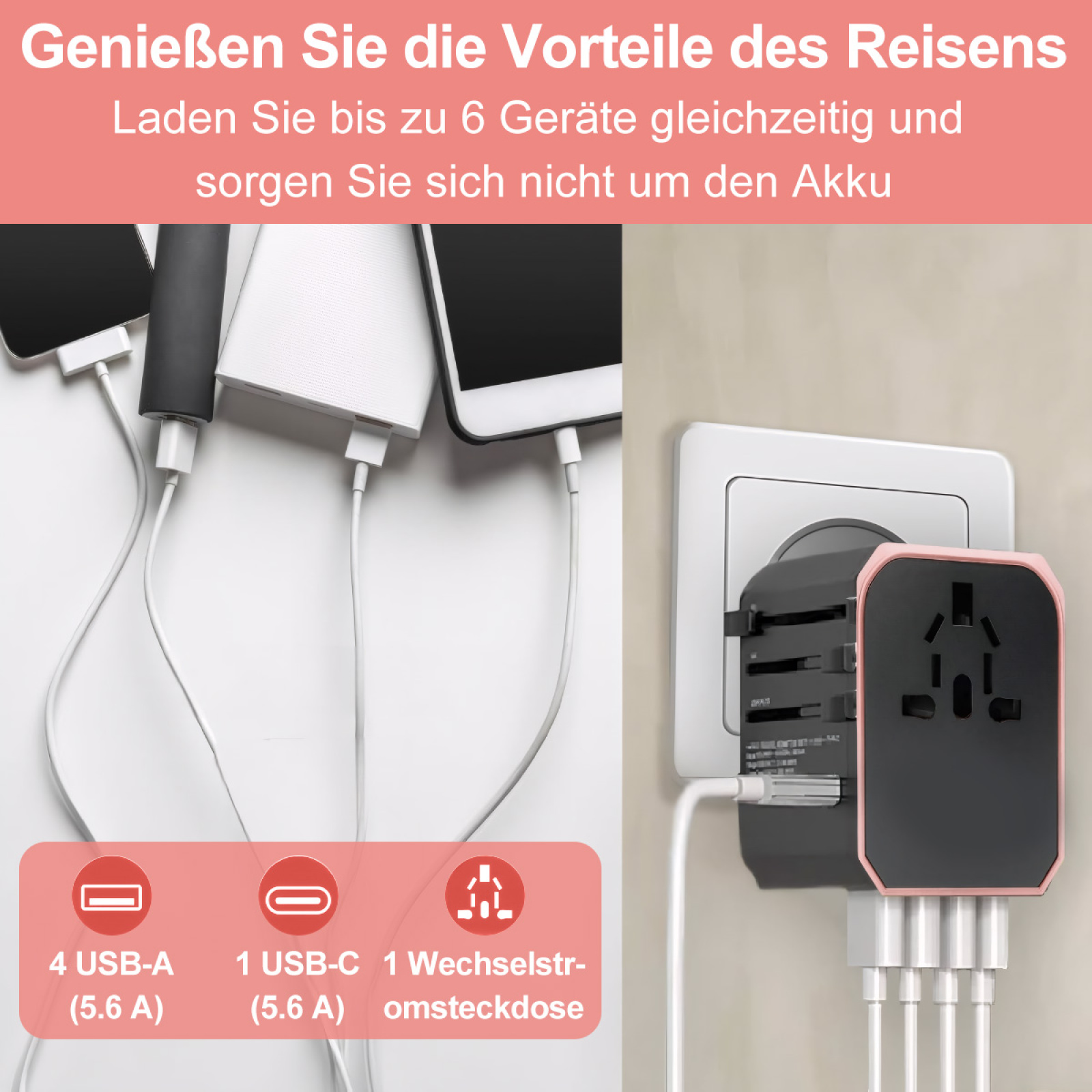 Mehrgeräte-Ladegerät mit angeschlossenen Telefonen und Tablets, mit einem an eine Wandsteckdose angeschlossenen Adapter.