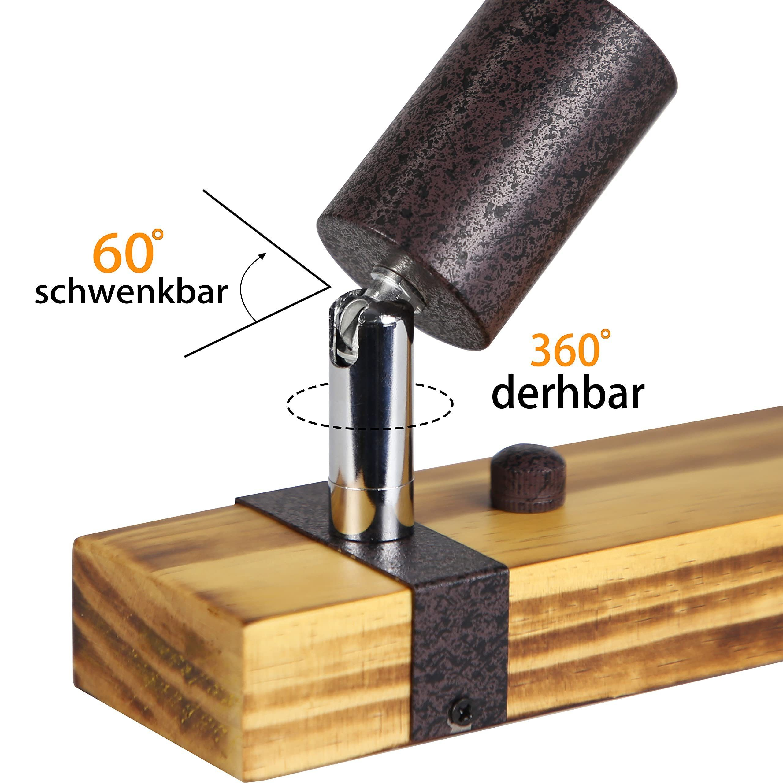 Ein Strahler, um 60° und 360° verstellbar, ist auf einem Holzbalken montiert, Winkel sind angegeben.