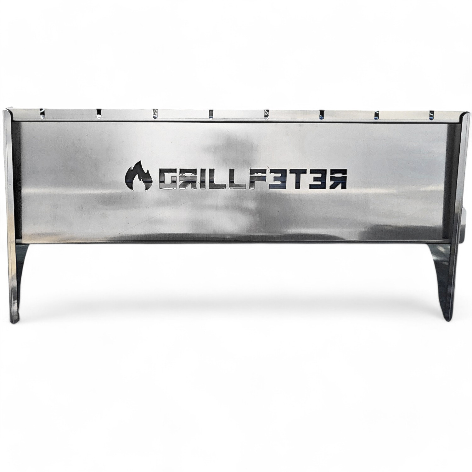 Ein silberner tragbarer Grill mit dem Text "GRILLFSTER" auf der Vorderseite.