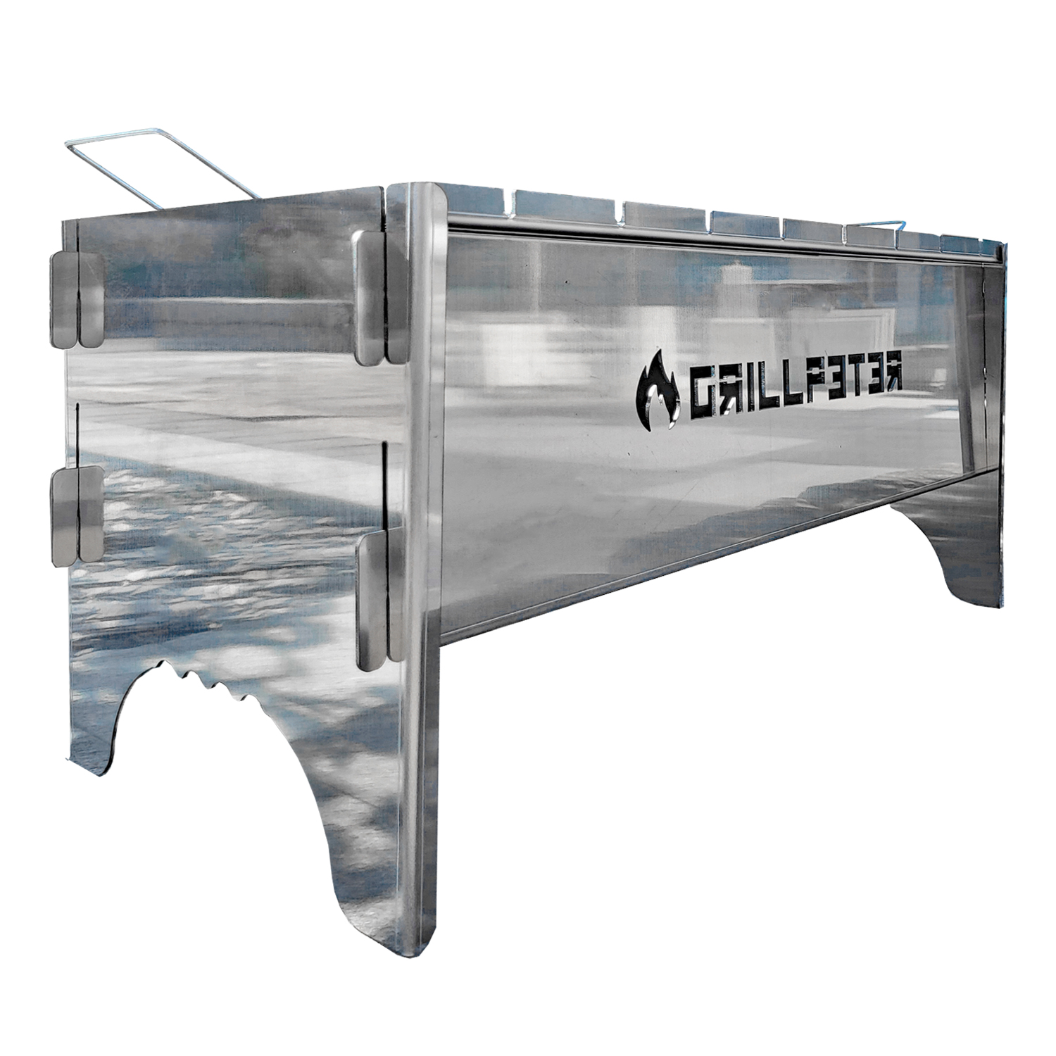 Ein silberner tragbarer Grill mit dem Text "GRILLFSTER" auf der Vorderseite.