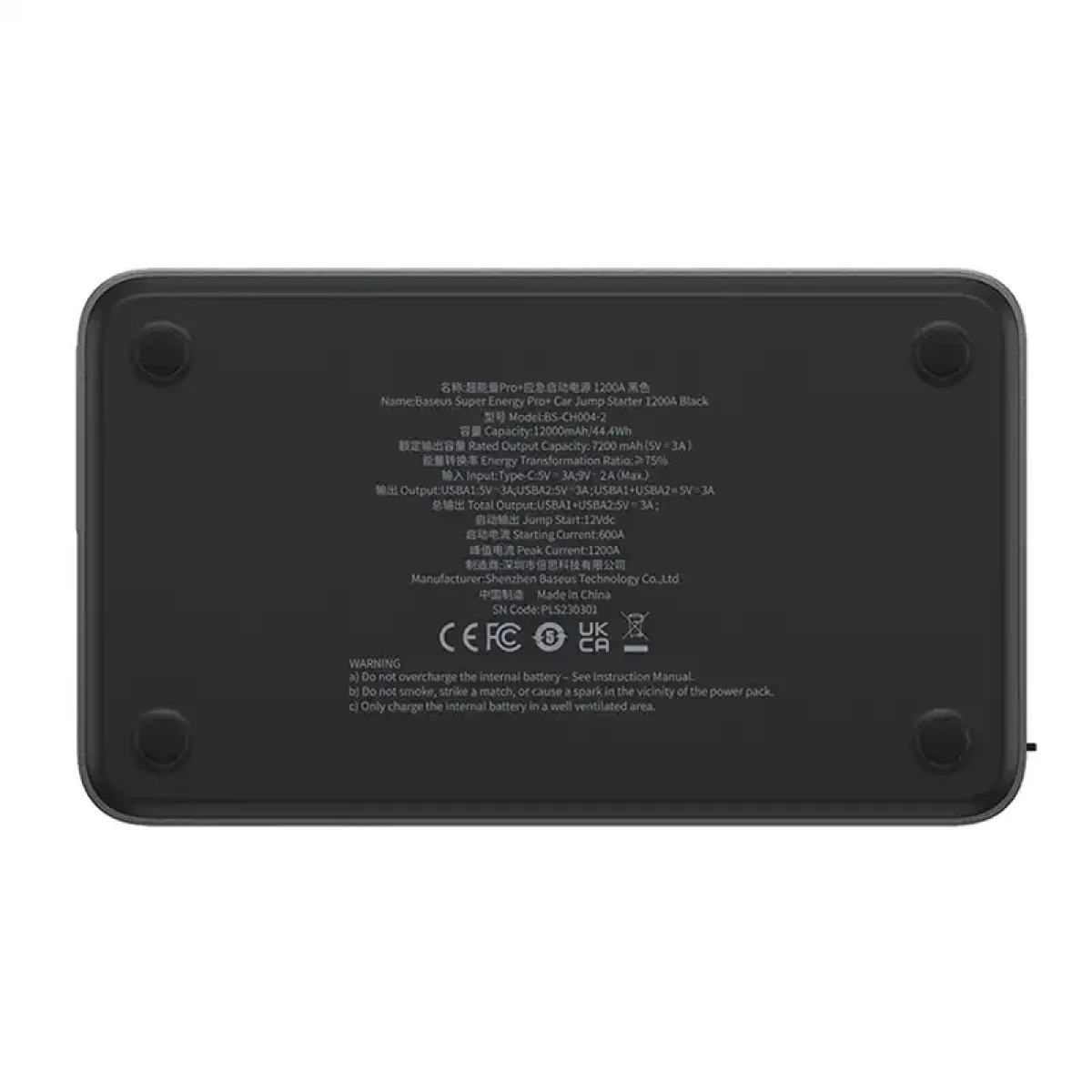 Obraz przedstawia tył rozrusznika Baseus Super Energy Pro+ J Starter 1200A ze szczegółami produktu.