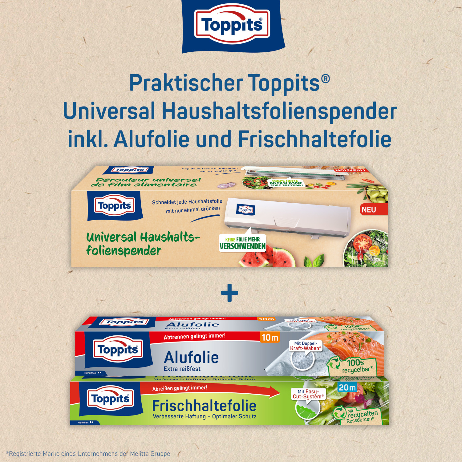 Zwei Kartons mit Toppits-Markenprodukten zur Aufbewahrung von Lebensmitteln, gestapelt auf einem weißen Hintergrund.