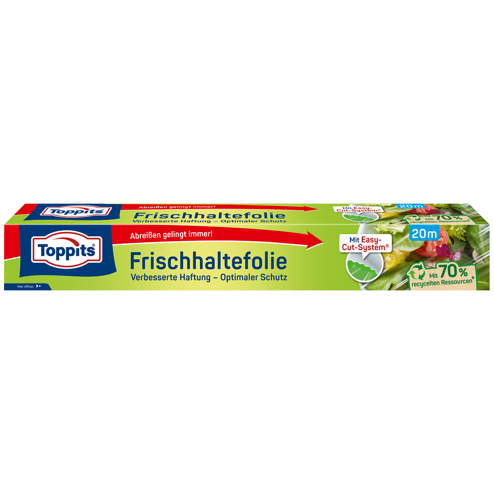 Eine Packung Toppits Frischhaltefolie auf weißem Hintergrund.