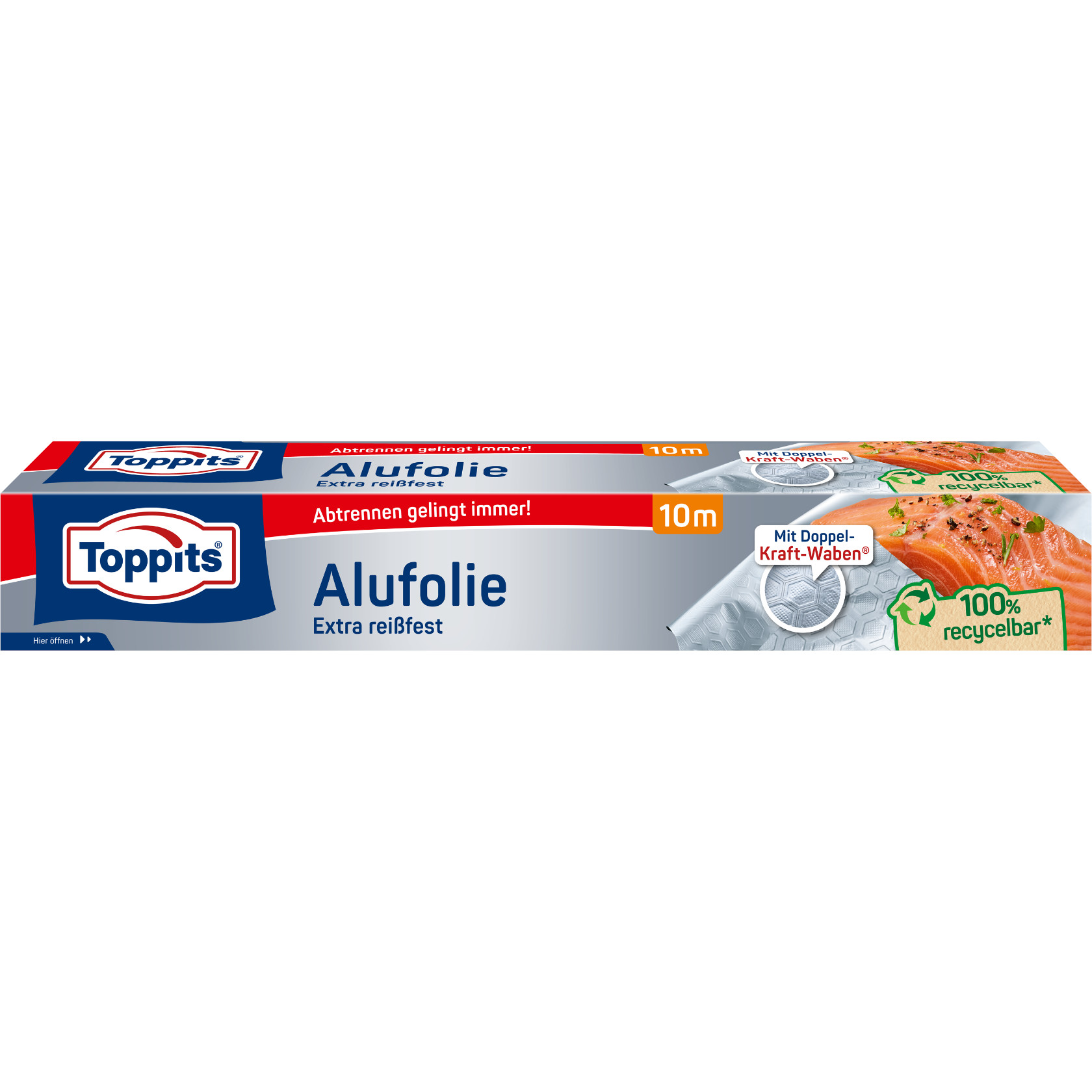 Eine Packung Toppits Alufolie auf weißem Hintergrund.