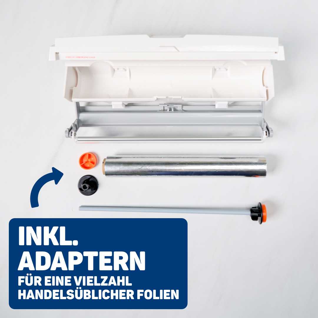 Ein zerlegter Toppits Folienspender mit Adaptern auf einer weißen Oberfläche.