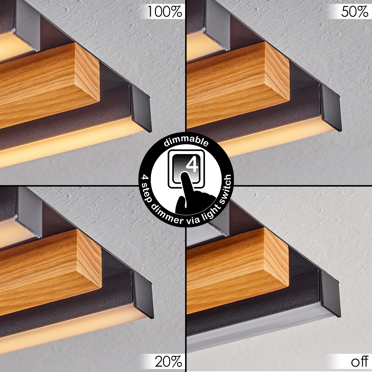 Eine Nahaufnahme zeigt eine dimmbare Deckenleuchte mit Holz- und schwarzen Akzenten bei verschiedenen Lichteinstellungen.