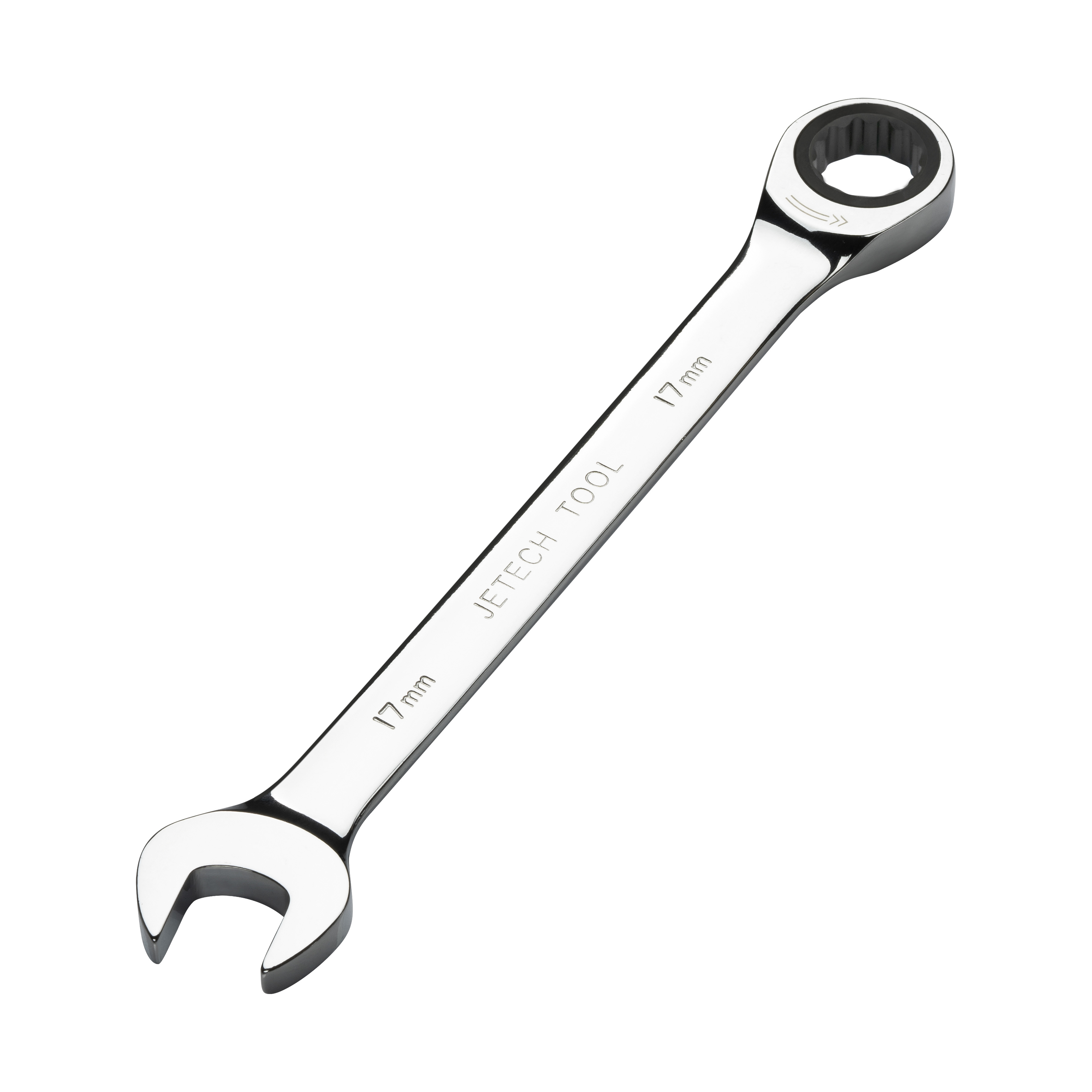 Una chiave inglese JETech Tool da 17 mm color argento con estremità sia aperte che a cricchetto.