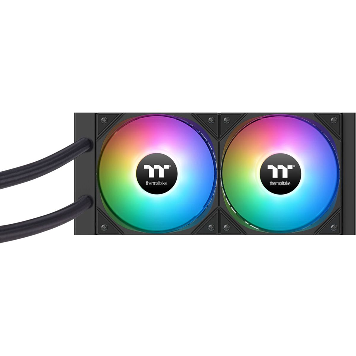 Deux ventilateurs aux couleurs de l'arc-en-ciel sont fixés à un radiateur avec le logo Thermaltake au centre du ventilateur.