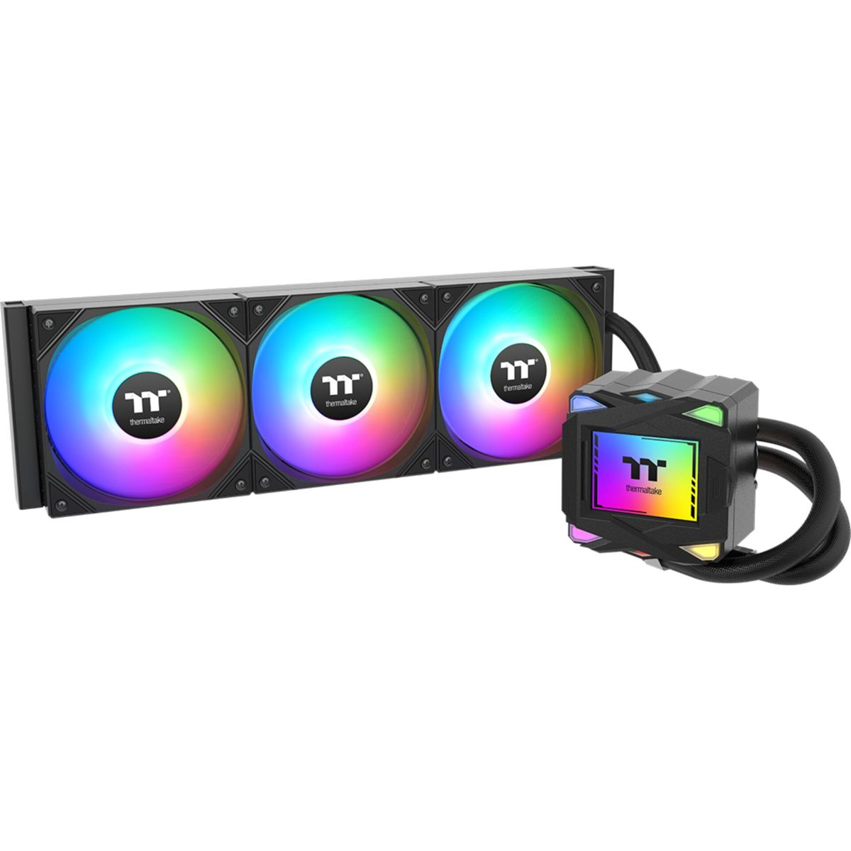 A Thermaltake liquid cooler with three rainbow LED fans and a water block with a display, set against a white backdrop.