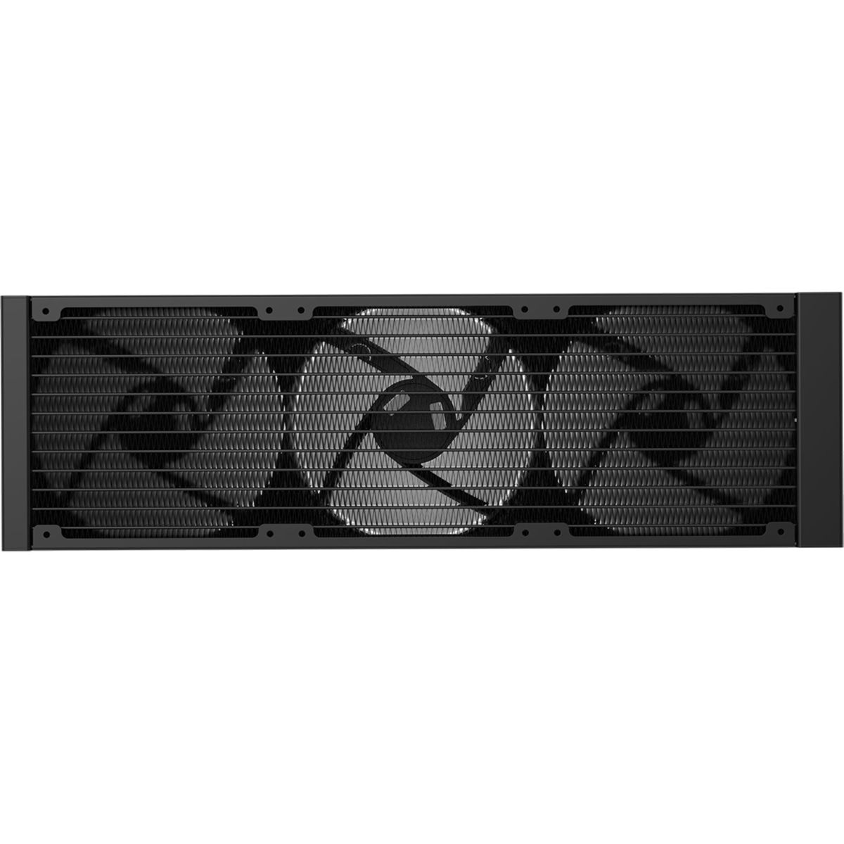 A black radiator with three fans is shown from above against a white background.