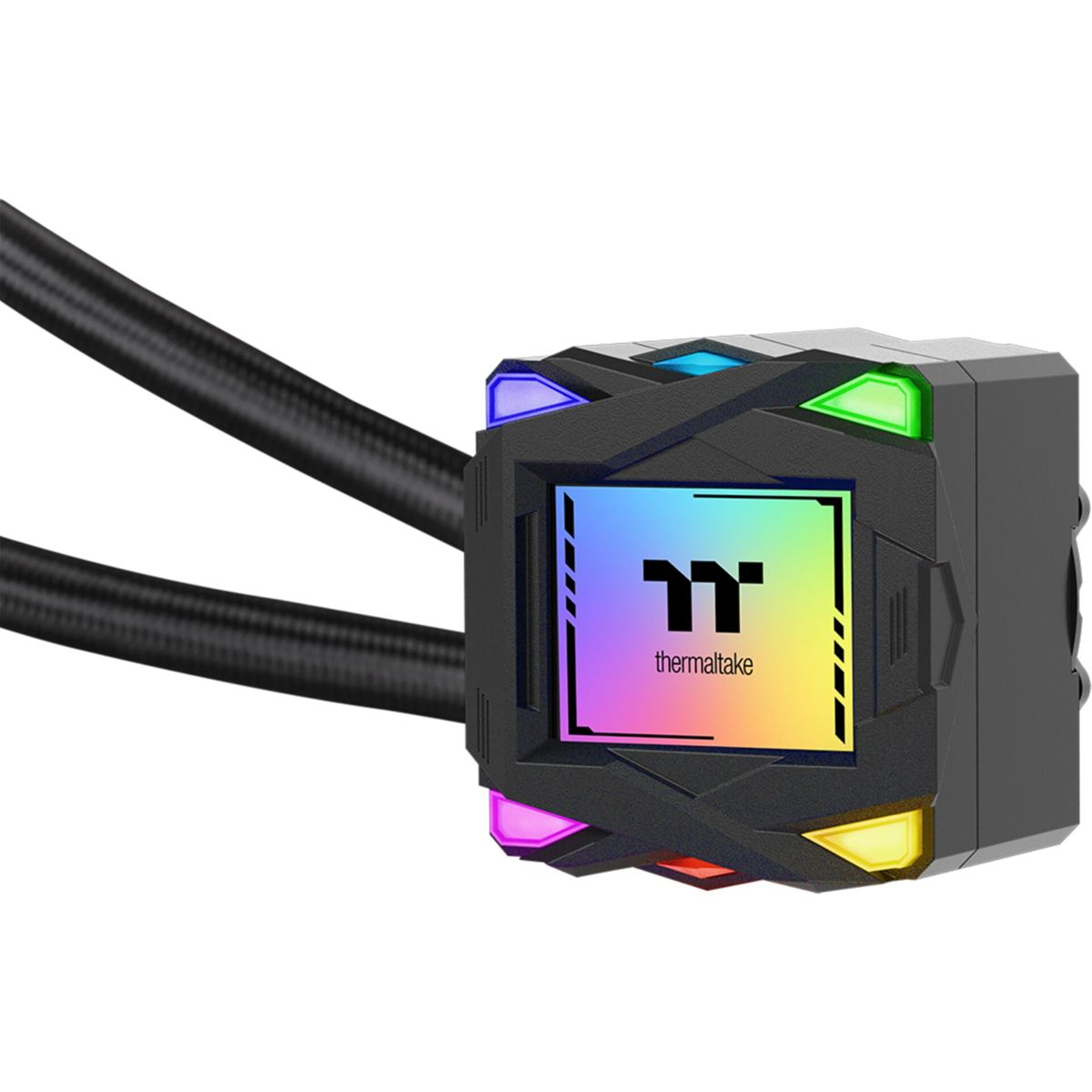 A Thermaltake water block with a display, against a white background.