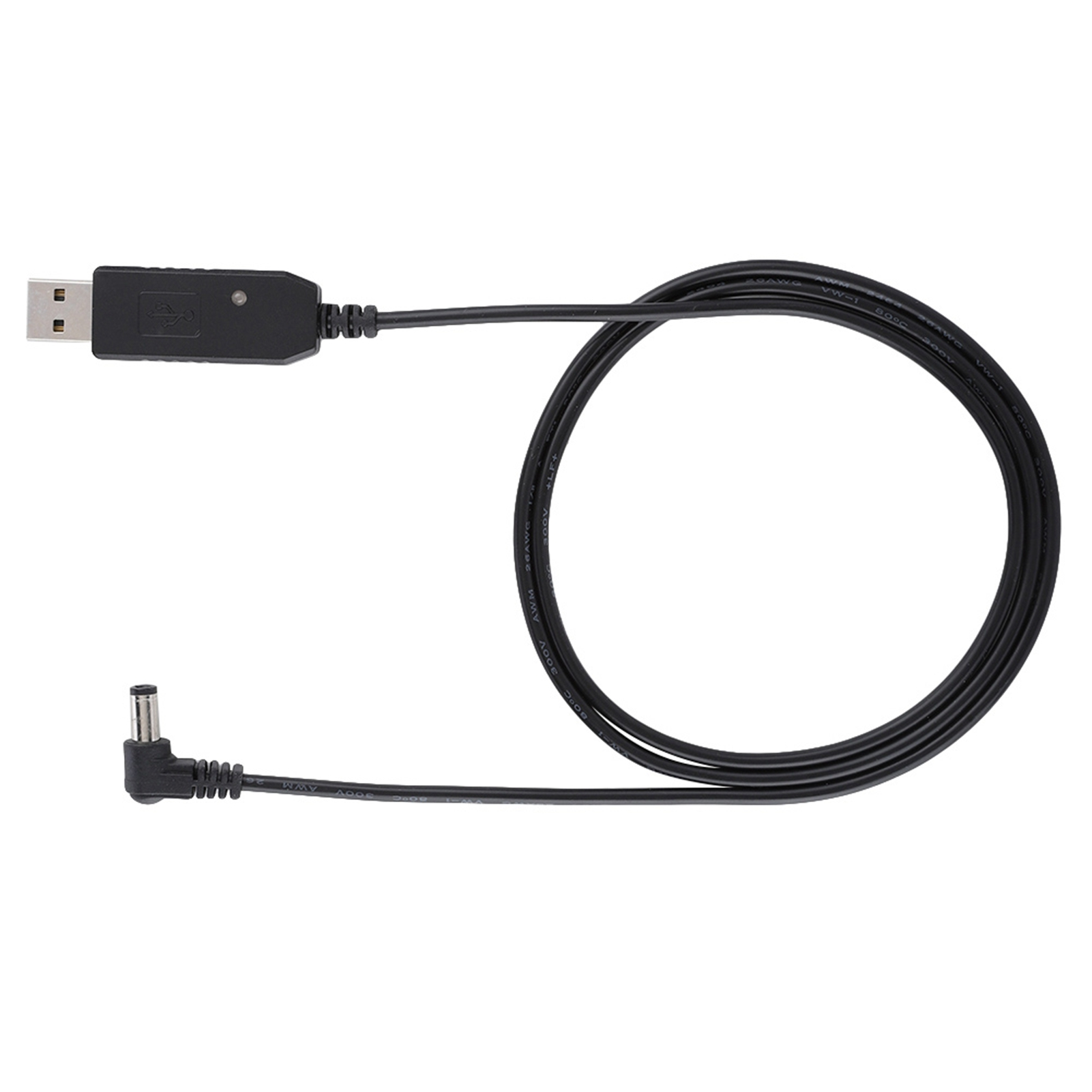 Ein schwarzes USB-Kabel mit einem DC-Anschluss an einem Ende und einem USB-A-Anschluss am anderen Ende.