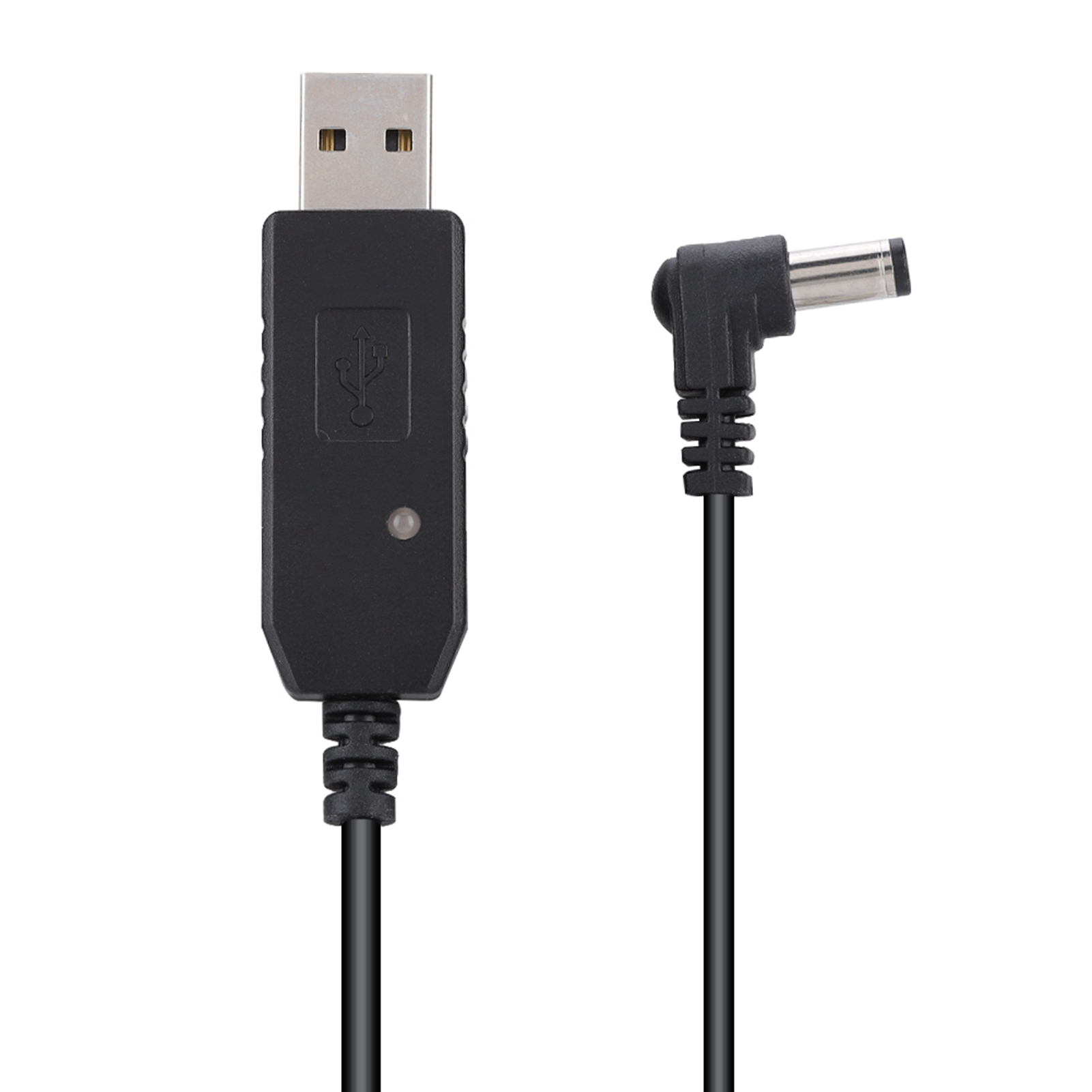 Schwarzes Kabel mit USB- und DC-Anschlüssen. Die USB-Seite hat das USB-Symbol.