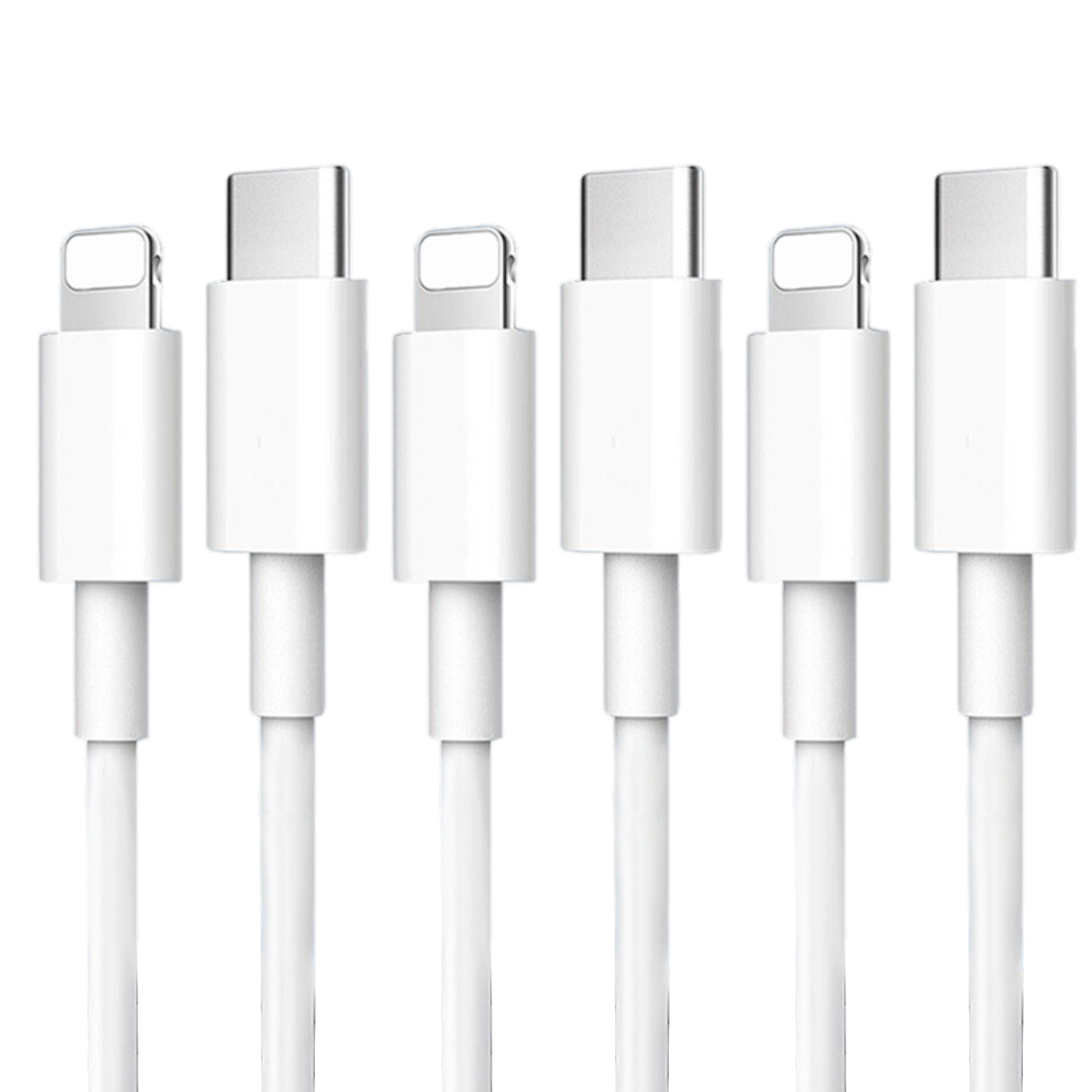 Sechs weiße USB-Kabel mit verschiedenen Anschlüssen. Die Kabel sind alle in einer Reihe.