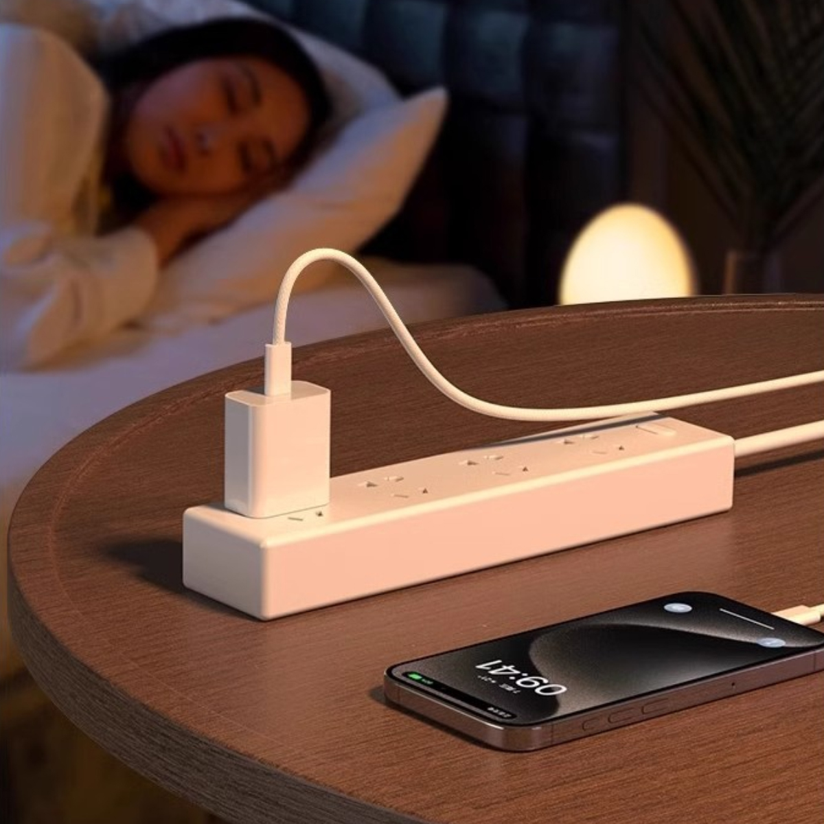 Ein Telefon und ein Netzteil sind auf einem Holztisch in eine Steckdosenleiste eingesteckt.
