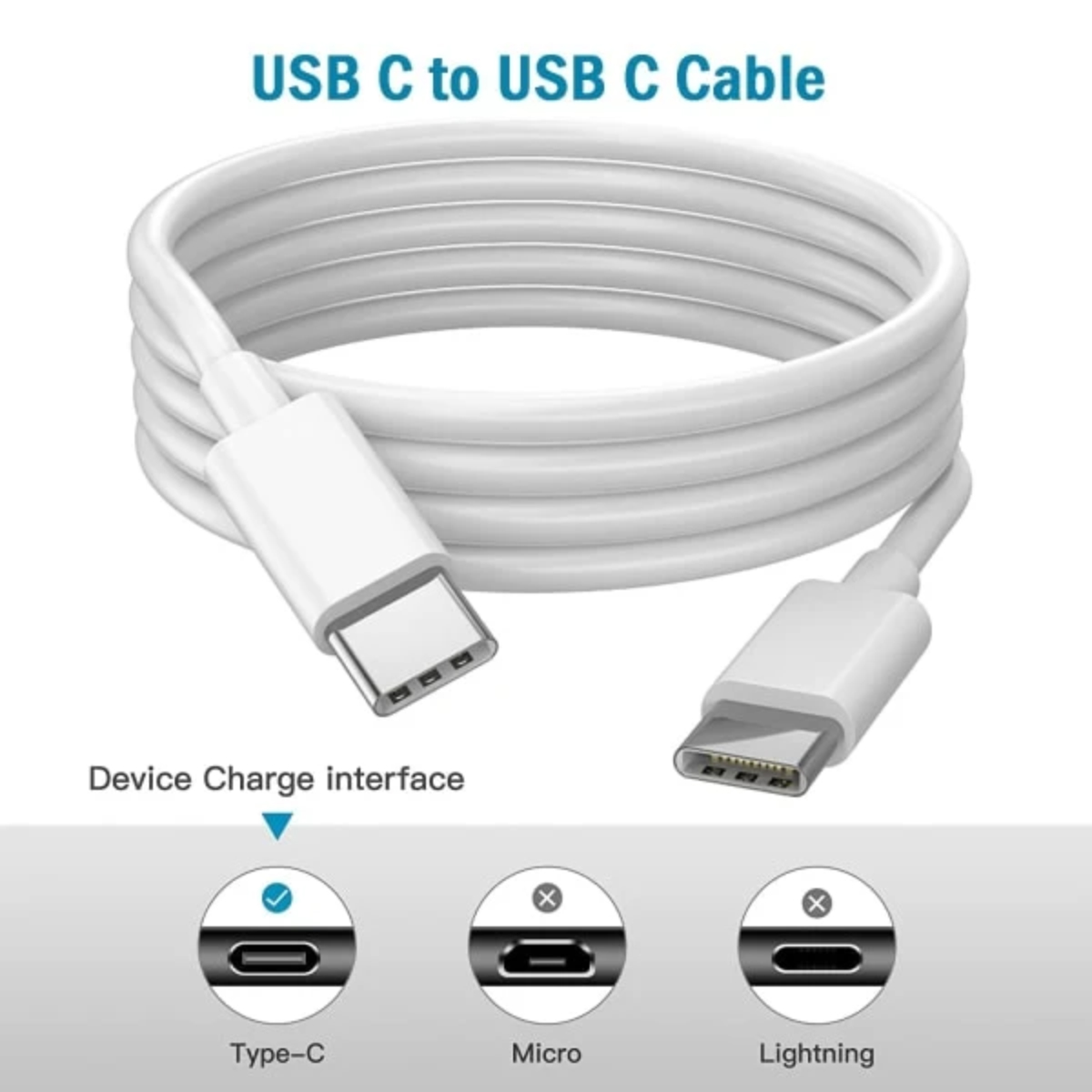 Ein aufgerolltes weißes USB-C-zu-USB-C-Kabel wird mit Text angezeigt, der die Arten von Geräte-Ladeschnittstellen angibt.