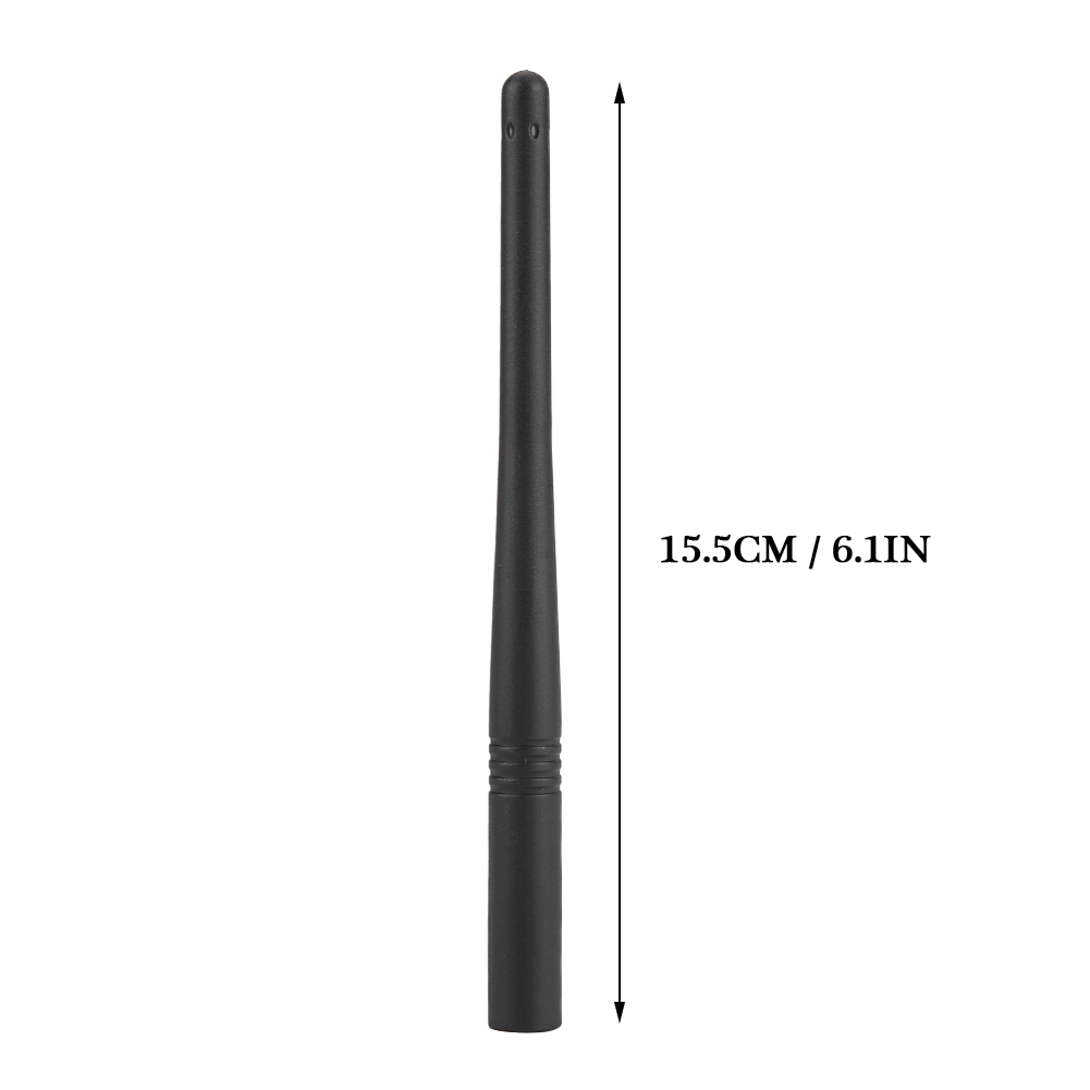 Eine dünne, schwarze Antenne steht vertikal vor einem weißen Hintergrund, wobei ihre Länge mit 15,5 cm / 6,1 Zoll markiert ist.
