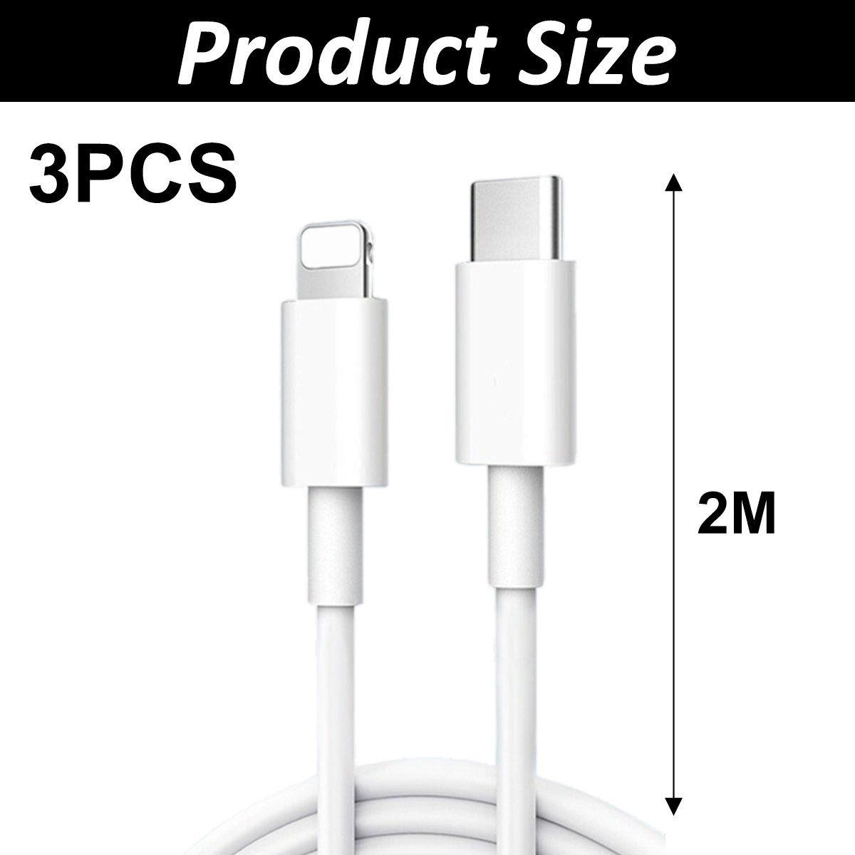 Das Bild zeigt ein weißes USB-C- und Lightning-Kabel mit einer Längenmarkierung von 2 m vor einem weißen Hintergrund.