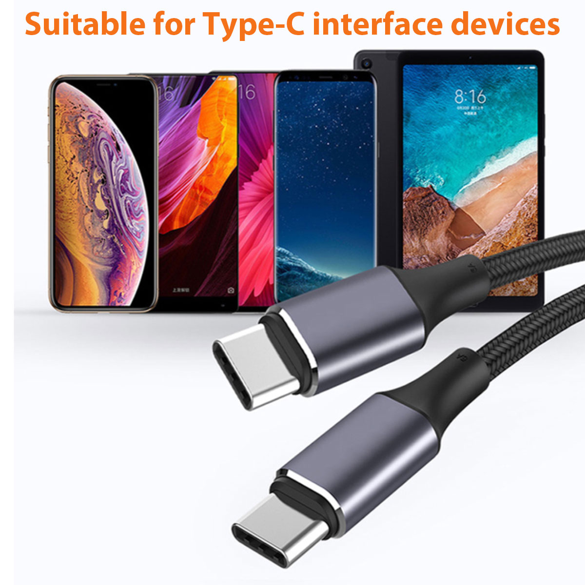Ein graues USB-C-Kabel befindet sich im Vordergrund, während bunte Smartphones und ein Tablet im Hintergrund verschwommen sind.