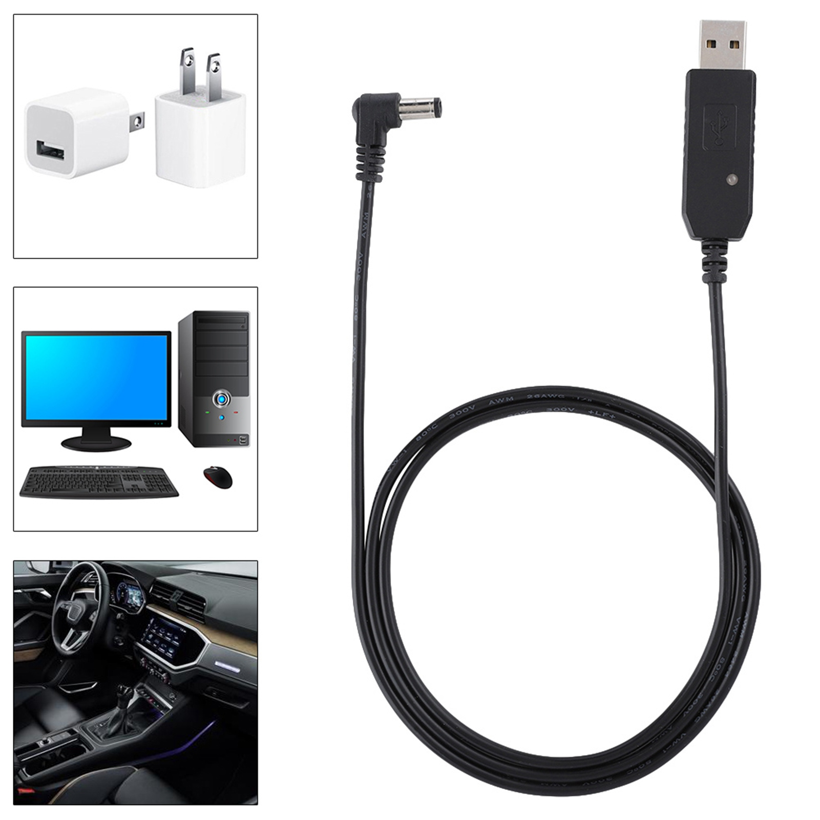 Das Bild zeigt ein USB-zu-DC-Stromkabel mit verschiedenen Anwendungsbeispielen in eingebetteten Bildern.