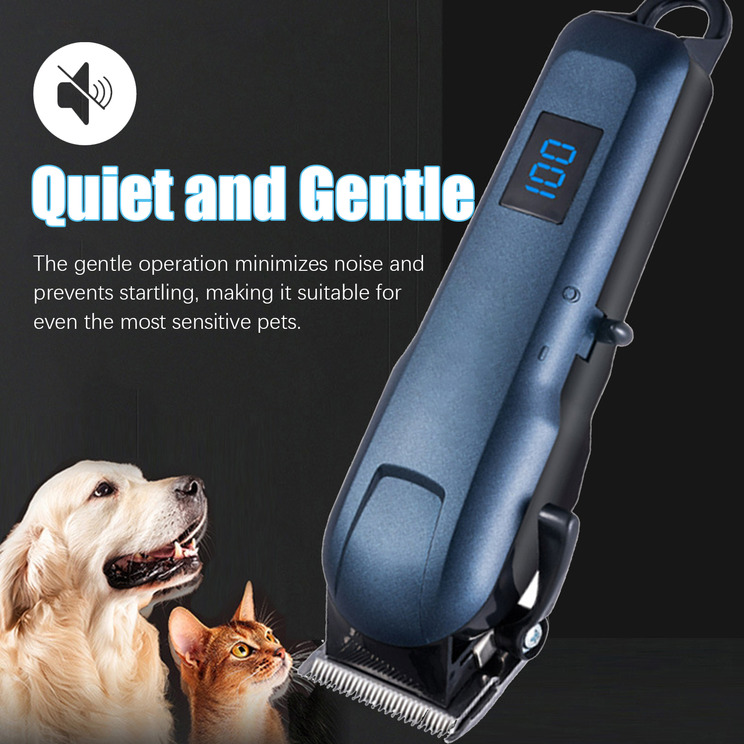 Niebieska maszynka do strzyżenia zwierząt z psem i kotem, na ciemnym tle z tekstem produktu.