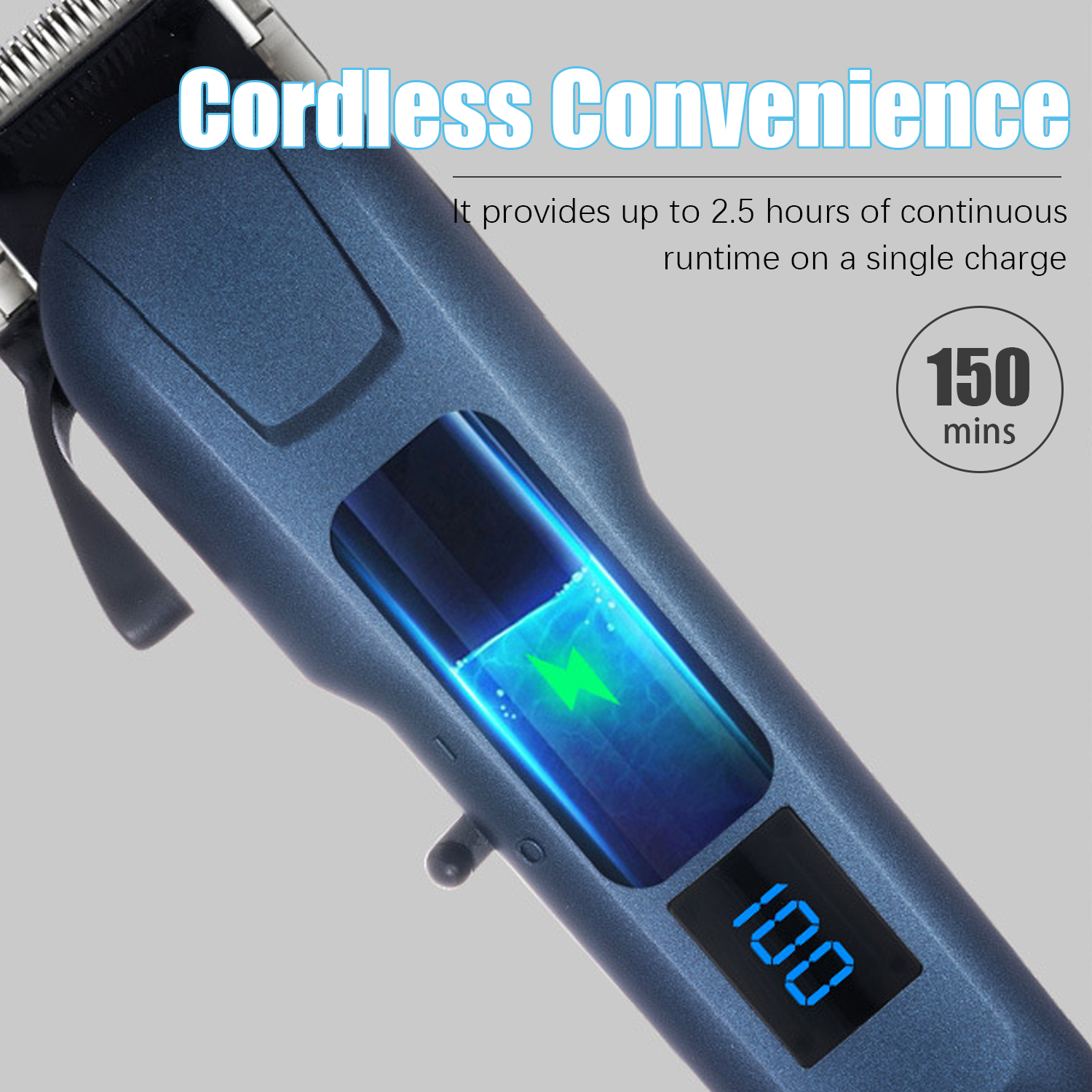 Zbliżenie niebieskiej maszynki do strzyżenia zwierząt z cyfrowym wyświetlaczem, na jasnym tle z tekstem produktu.