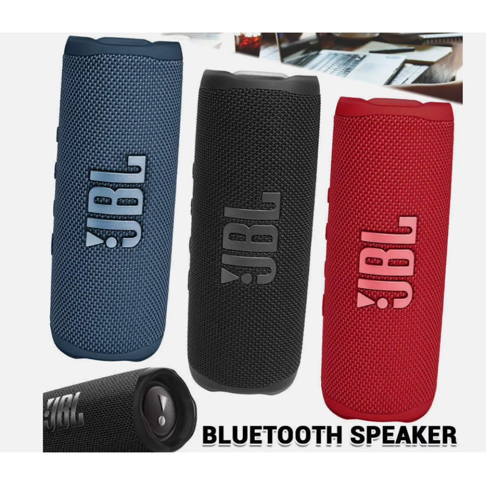 Drei JBL-Lautsprecher in Blau, Schwarz und Rot werden gezeigt, mit einem kleineren schwarzen Lautsprecher unten links.