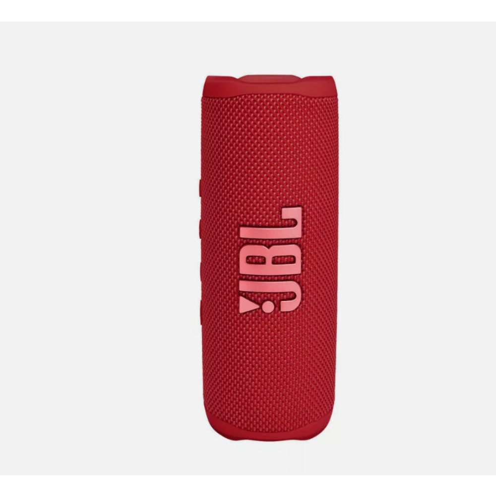 Ein roter JBL Flip 6-Lautsprecher steht vor einem weißen Hintergrund und zeigt sein zylindrisches Design und Logo.