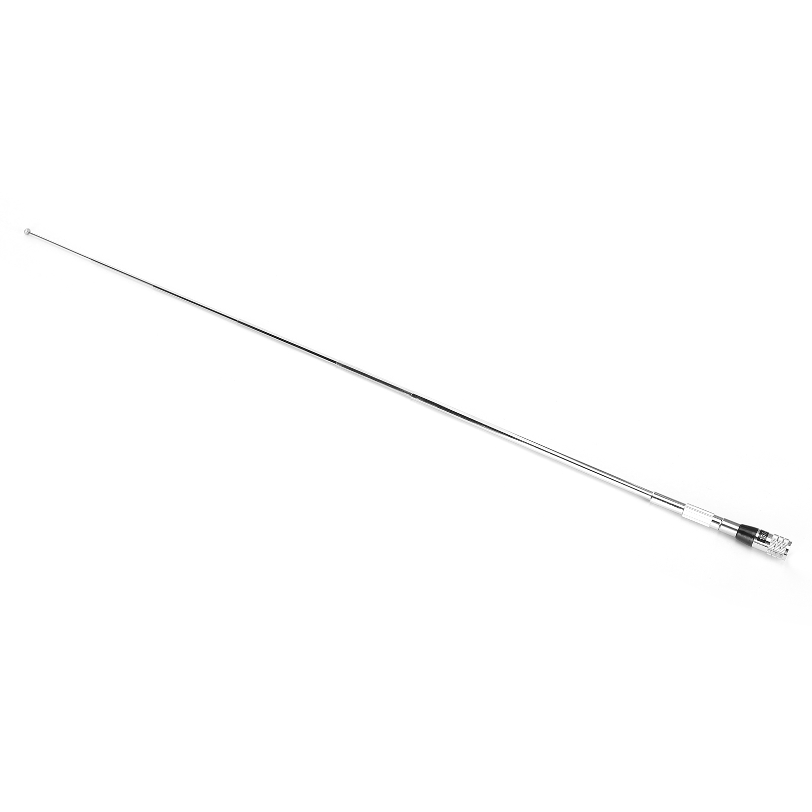 Eine silberne Teleskopantenne erstreckt sich diagonal über einen weißen Hintergrund und ist vollständig ausgefahren.