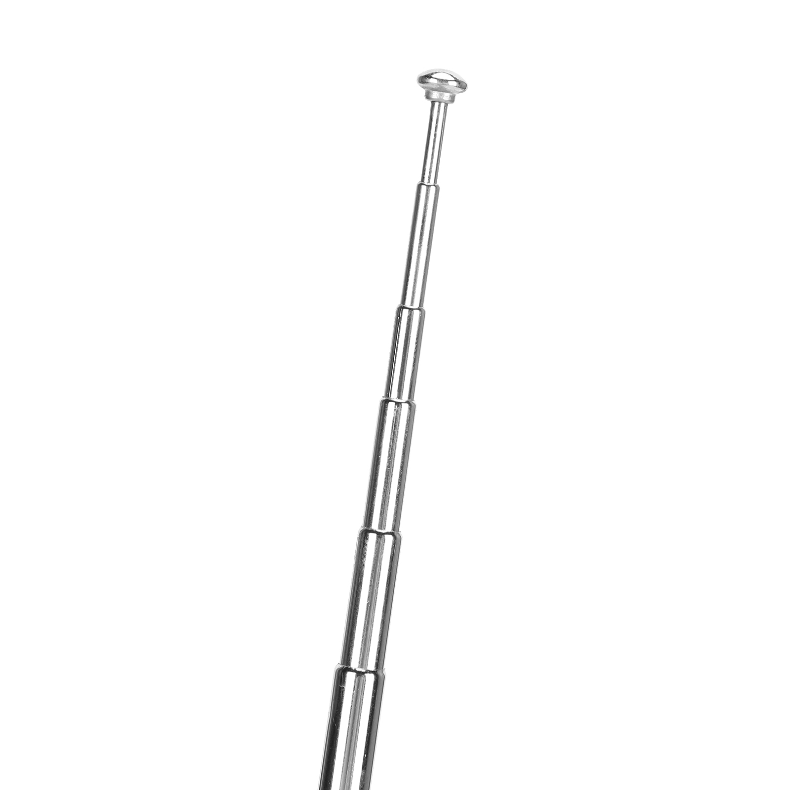 Eine silberne Teleskopantenne, teilweise ausgefahren, zeigt nach oben vor einem weißen Hintergrund.