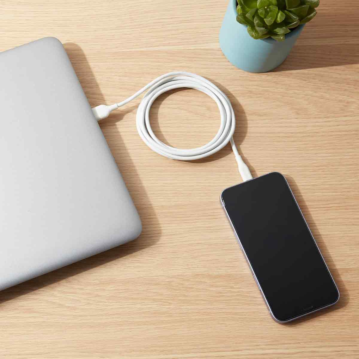 Laptop und Telefon, die durch ein weißes Kabel auf einem Holztisch mit einer kleinen Pflanze verbunden sind.