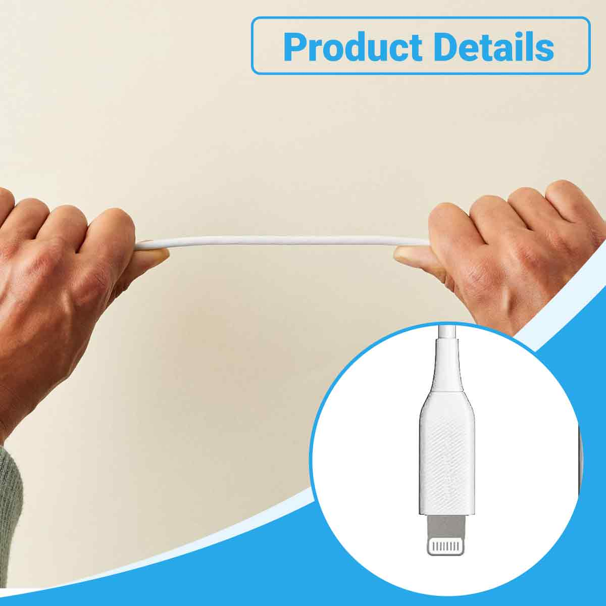 Nahaufnahme einer Person, die ein weißes Kabel dehnt, um seine Flexibilität und Produktdetails zu zeigen.