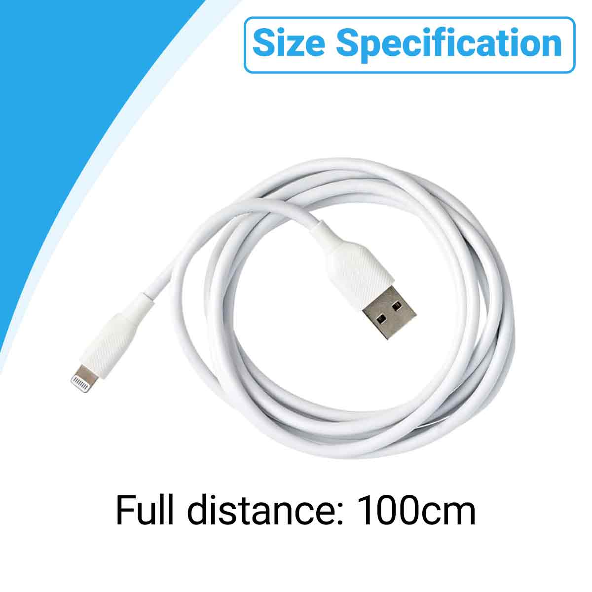 Weißes Kabel, das vor einem weißen Hintergrund aufgerollt ist, mit Text, der angibt, dass seine Länge 100 cm beträgt.