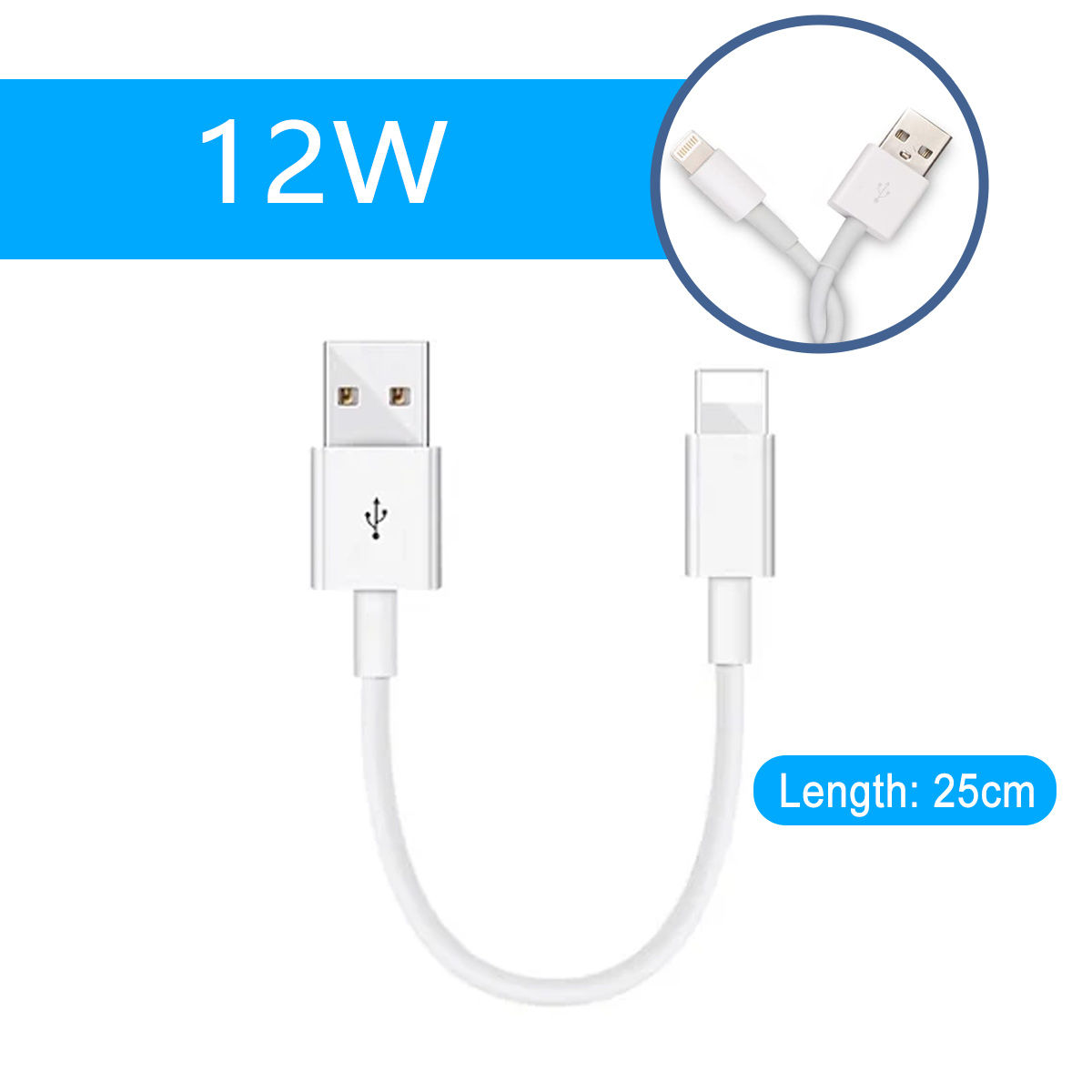 Weißes Kabel mit USB- und Lightning-Anschlüssen, gekennzeichnet mit 12 W und 25 cm Länge.
