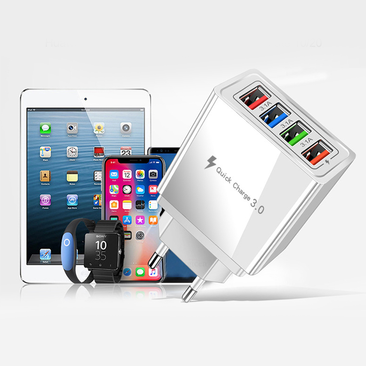 Das Bild zeigt ein weißes Multi-Port-USB-Ladegerät, ein Tablet, ein Smartphone und eine Smartwatch.