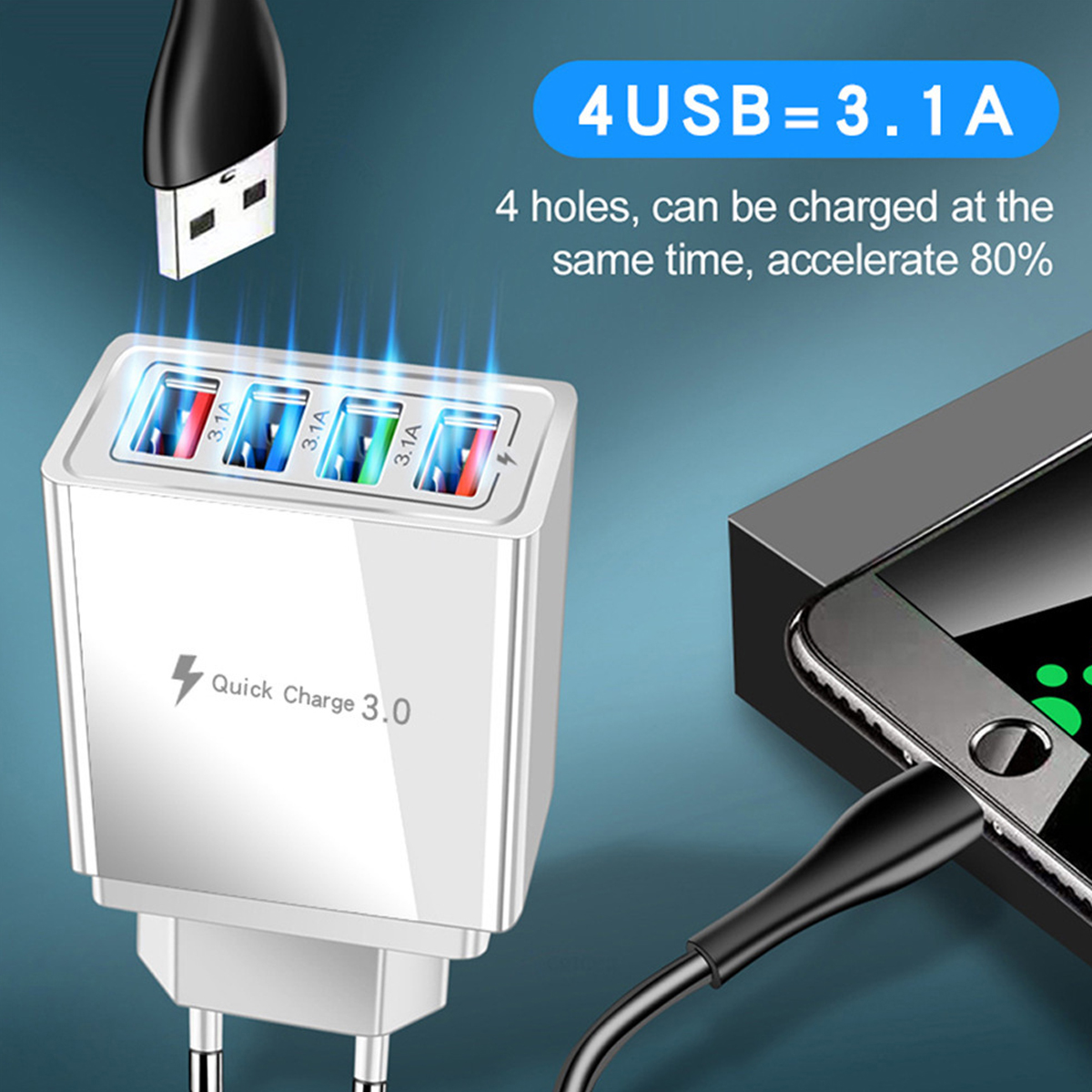 Das Bild zeigt ein weißes Ladegerät mit mehreren USB-Anschlüssen neben einem Smartphone, das gerade geladen wird.