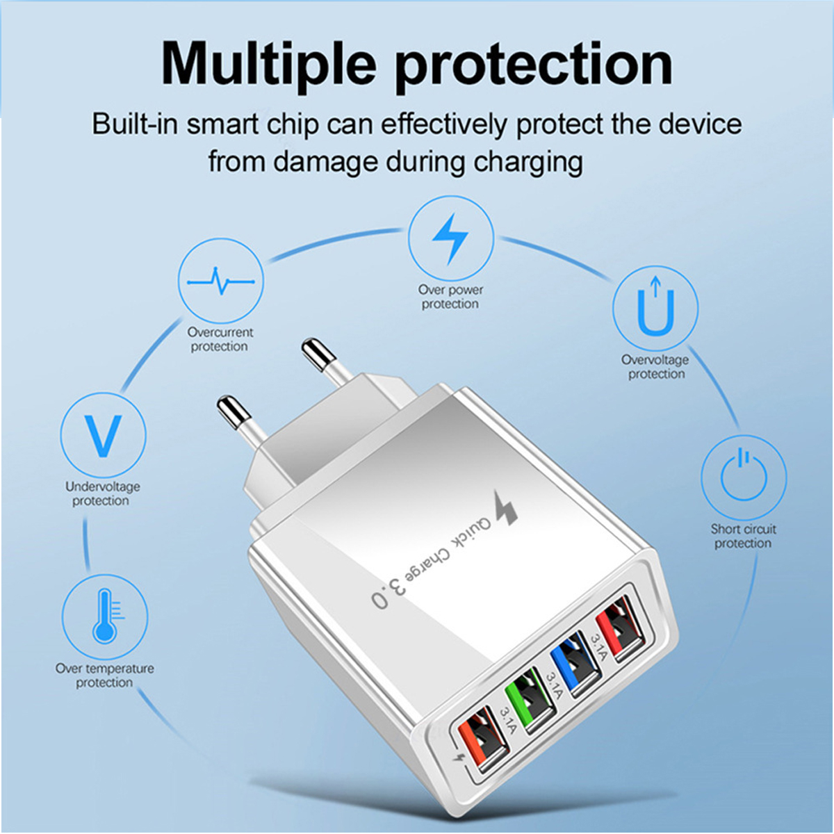 Das Bild zeigt ein weißes Ladegerät mit mehreren USB-Anschlüssen und Schutzsymbolen drumherum.