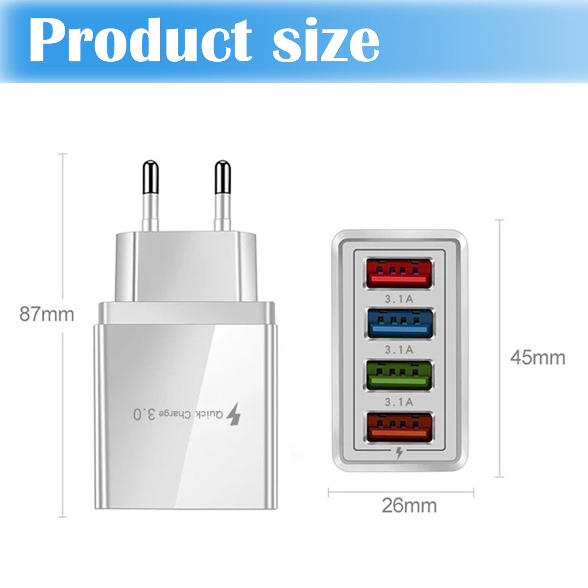 Das Bild zeigt die Abmessungen eines weißen Multi-Port-Ladegeräts mit roten, blauen und grünen USB-Anschlüssen.