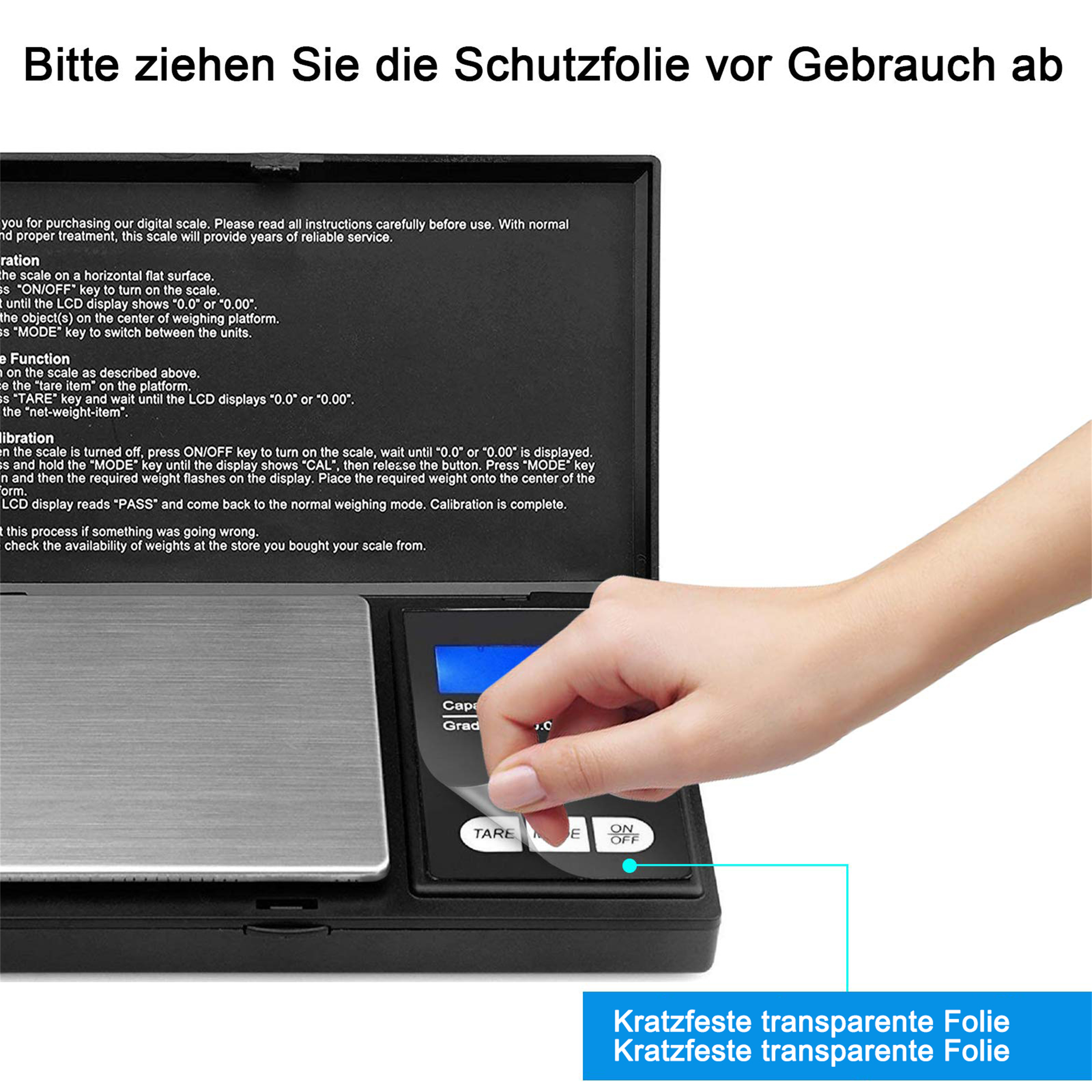 Eine digitale Waage mit schwarzem Sockel und Edelstahl-Wiegefläche ist teilweise auf einem weißen Hintergrund abgebildet.