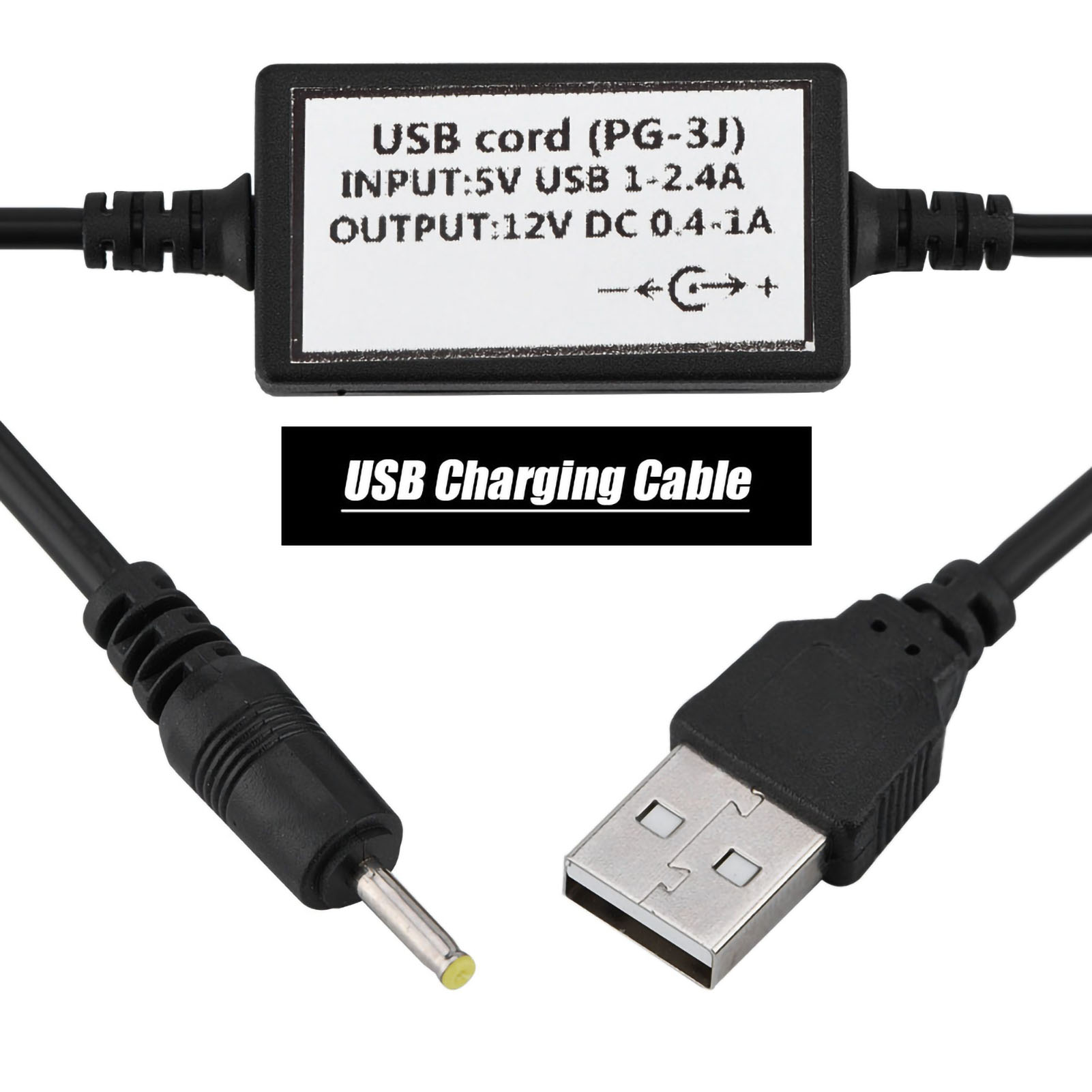 Das Bild zeigt ein USB-Ladekabel mit einem schwarzen Kabel und einem rechteckigen Modul mit Eingangs-/Ausgangsspezifikationen.