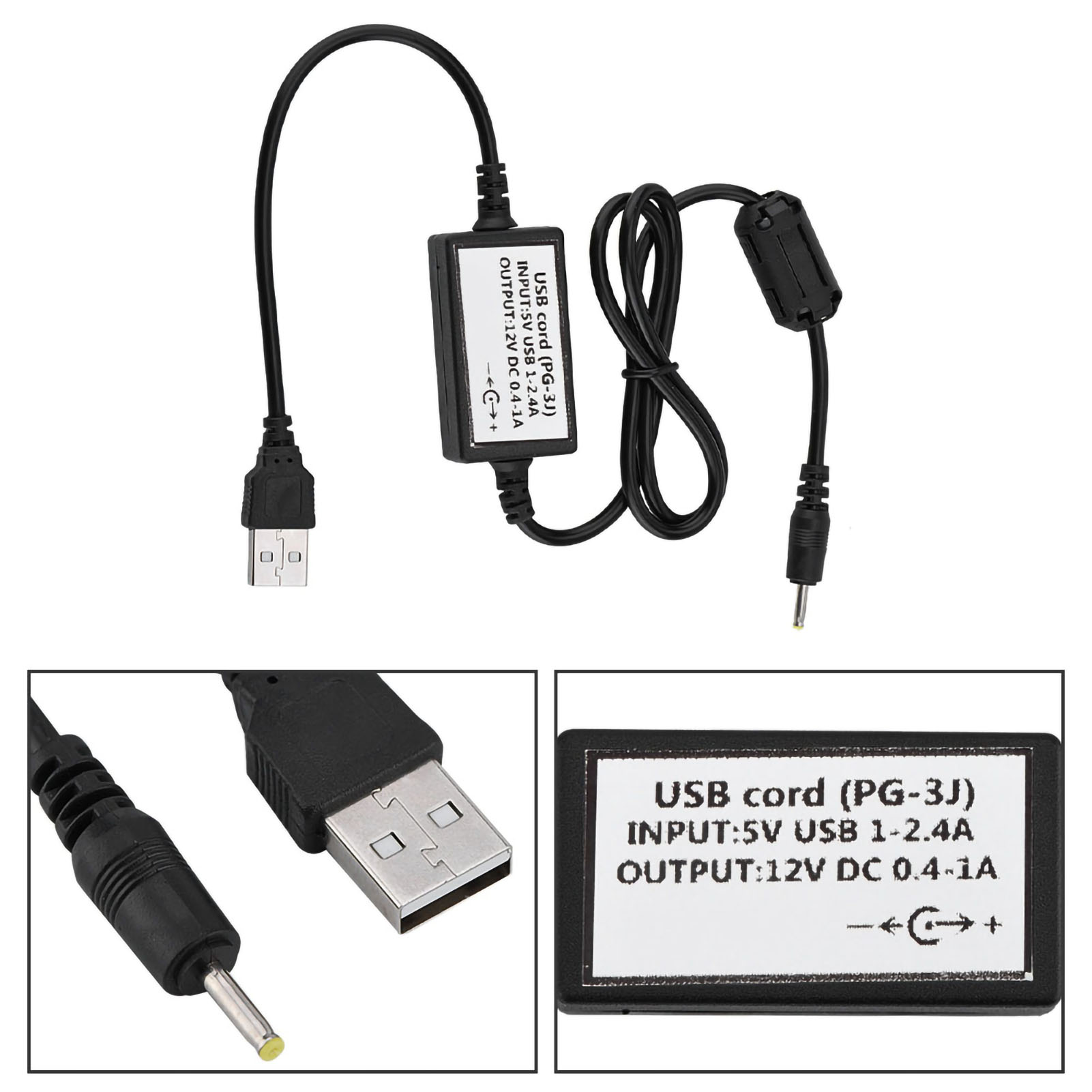 Das Bild zeigt ein USB-Ladekabel mit einem schwarzen Kabel und einem rechteckigen Modul mit Eingangs-/Ausgangsspezifikationen.