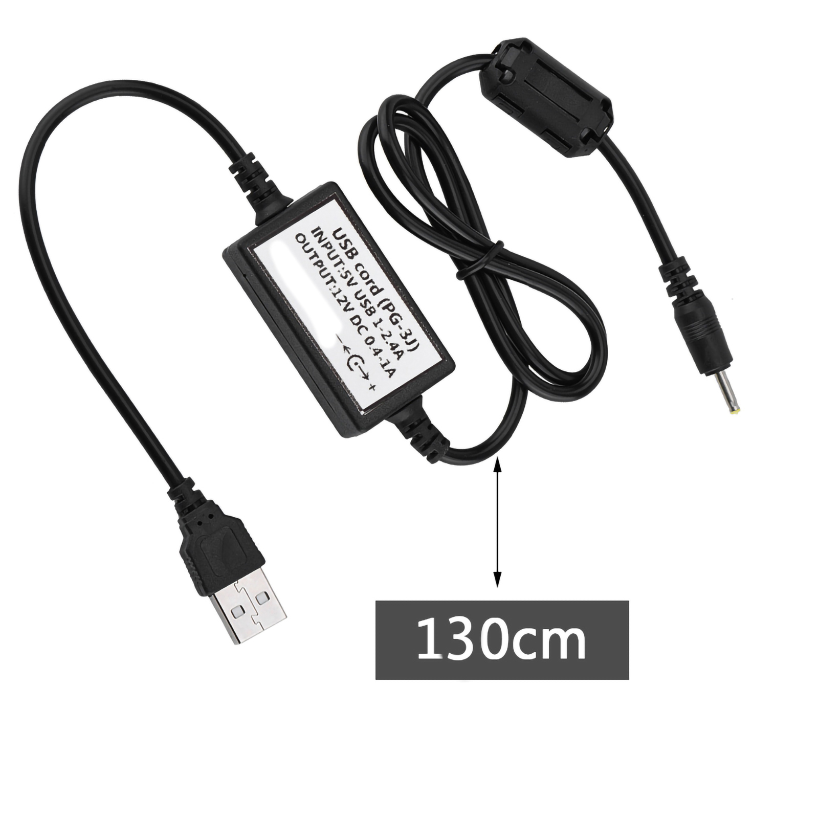 Das Bild zeigt ein USB-Ladekabel mit einem Etikett, wobei der Text "130cm" seine Länge angibt.